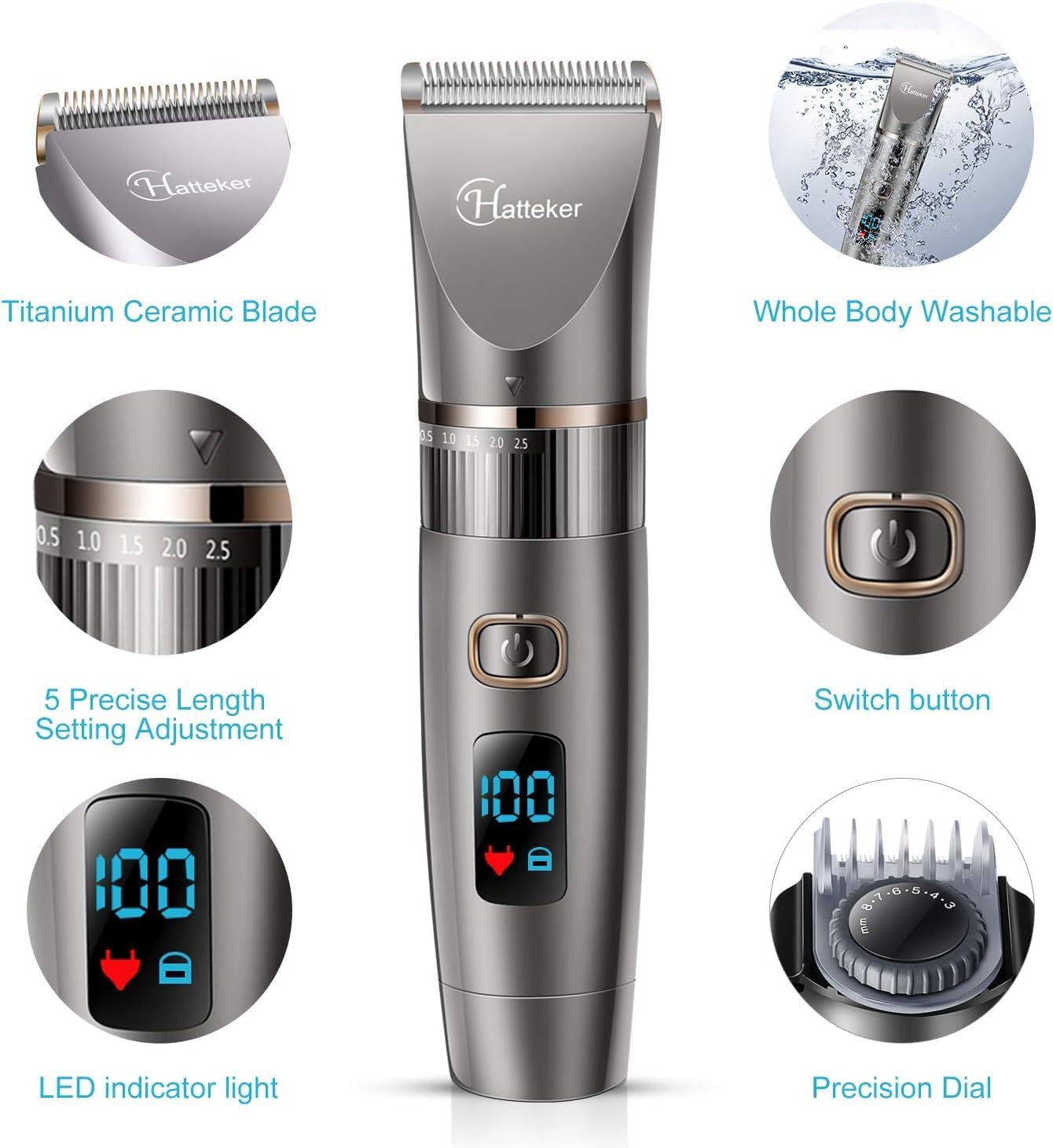 Hatteker - Tondeuse 3 en 1 sans fil, étanche, barbe et cheveux, précision