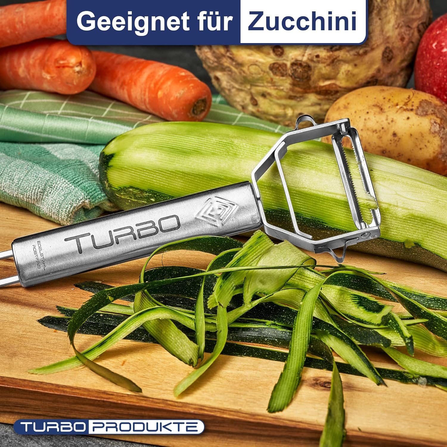 Turbo Produkte - Éplucheur inox 3en1 - ambidextre, lame pendulaire