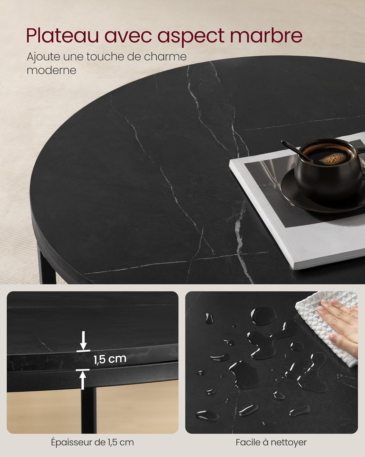 VASAGLE - table basse moderne marbre/verre trempé, facile montage, LCT072B58
