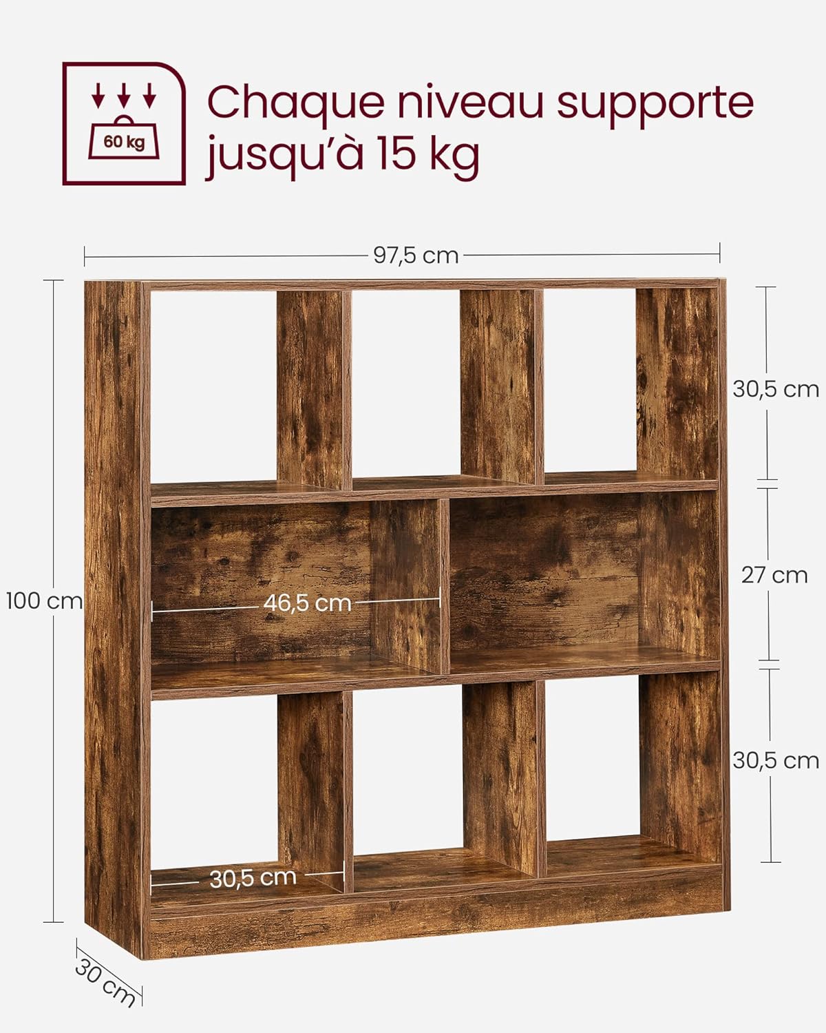 VASAGLE - Bibliothèque série LBC52BX - 30x97,5x100 cm - 8 compartiments ouverts modulables, style marron rustique - LBC5