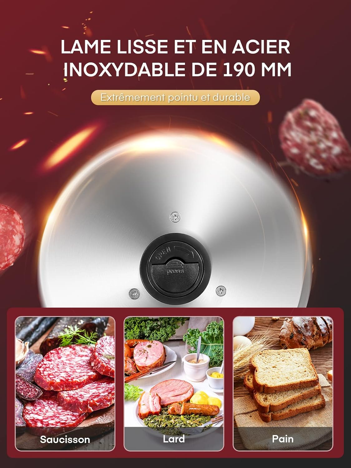 Trancheuse électrique - 200W, 19cm, 2 lames, épaisseur réglable