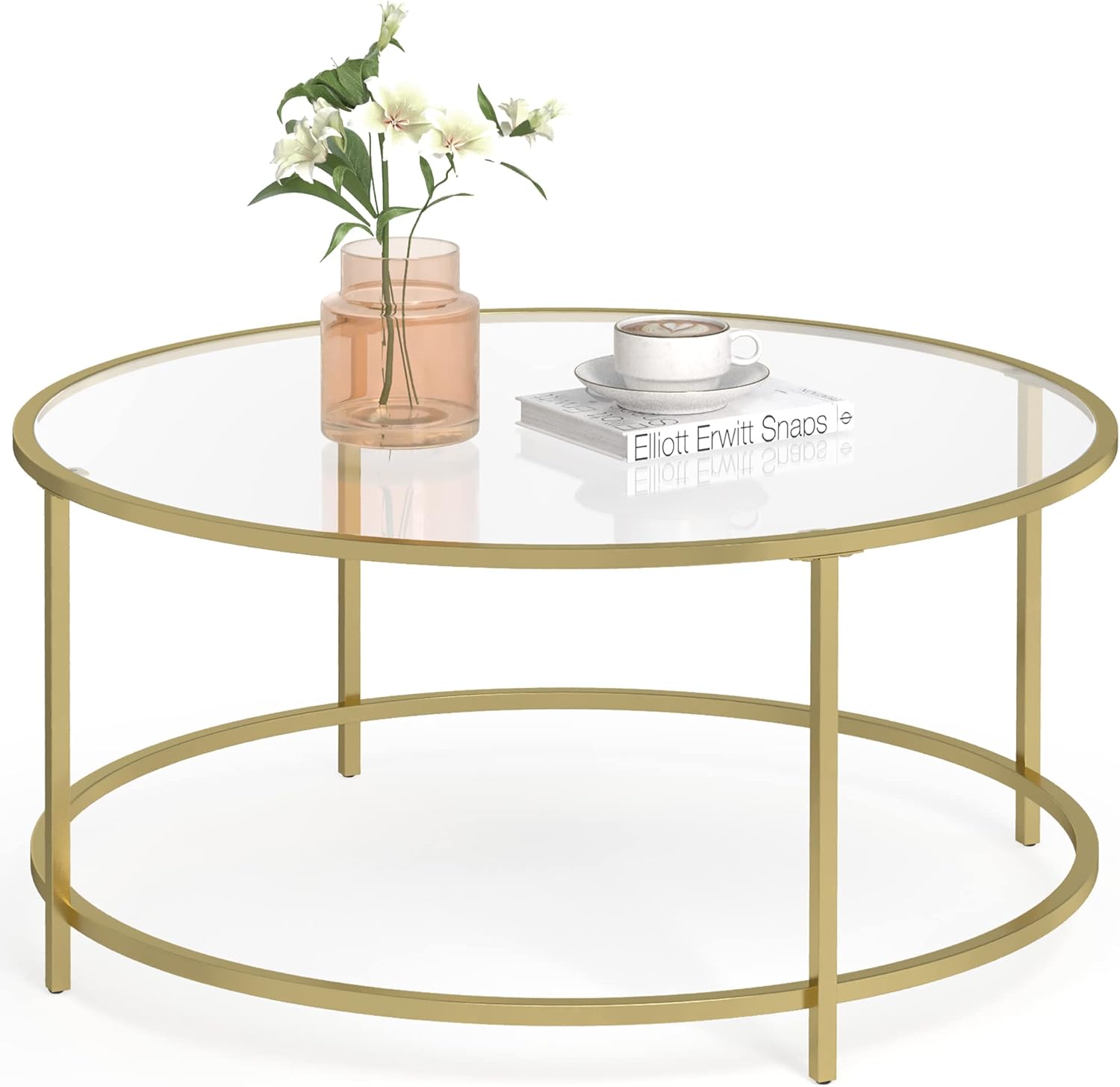VASAGLE - Table basse ronde dorée verre, cadre AER, 55x55x45 cm, LGT21G