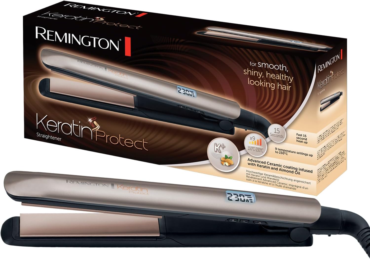 Remington - Lisseur Protect - céramique, écran LCD, 10 temp., soin kératine & huile d'amande - S8540