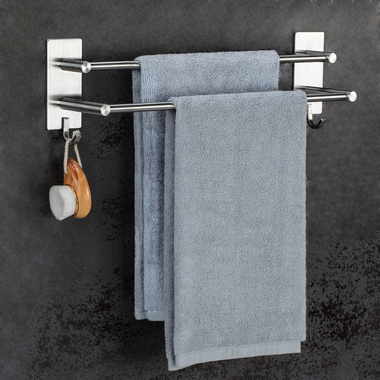Porte-serviettes mural double inox, sans perçage, 2 crochets, salle de bain