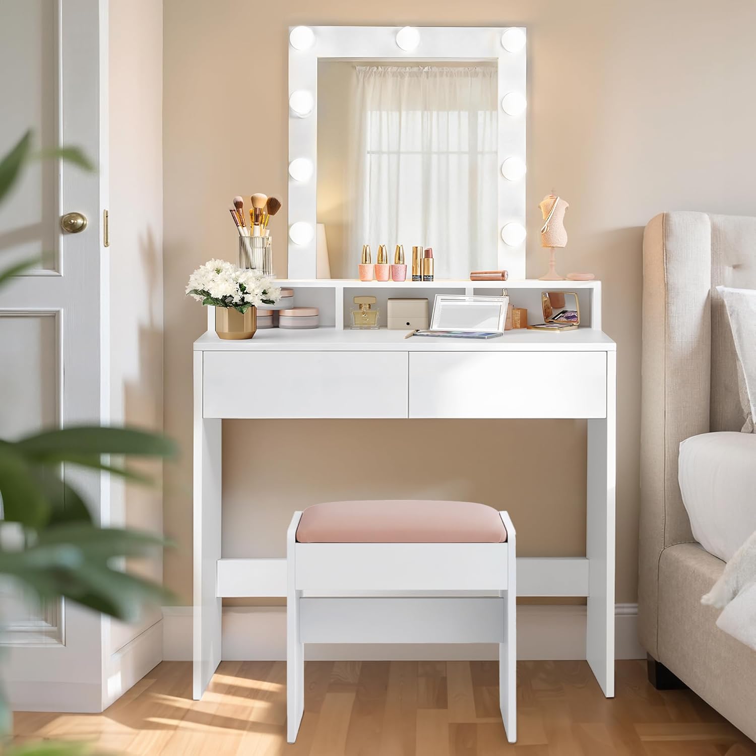 VASAGLE - Kailyn Collection - 80 cm - Coiffeuse miroir lumière, tabouret, rangements, RDT714W01