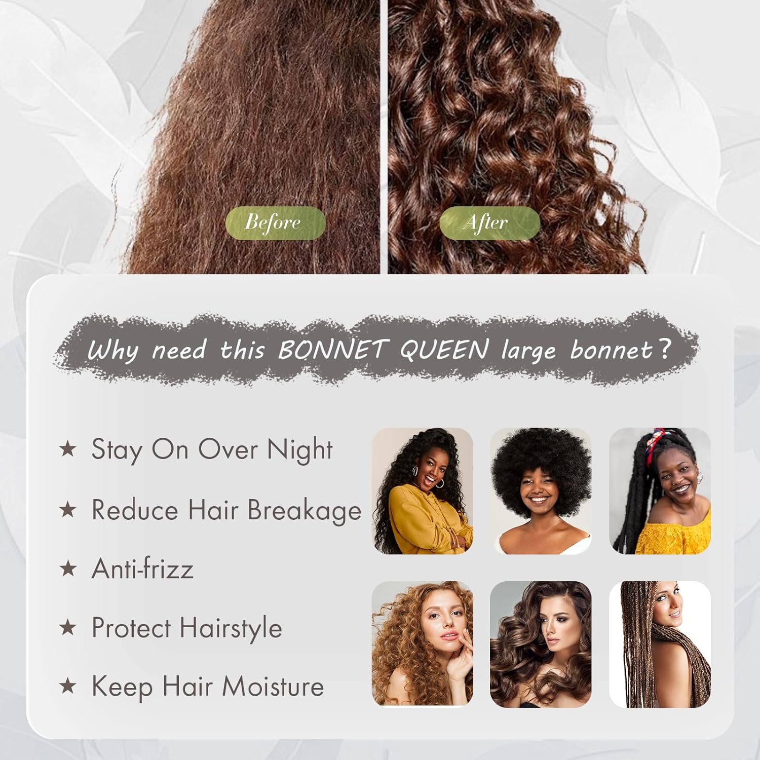 BONNET QUEEN - Bonnet satin ajustable, grand, cheveux bouclés, noir