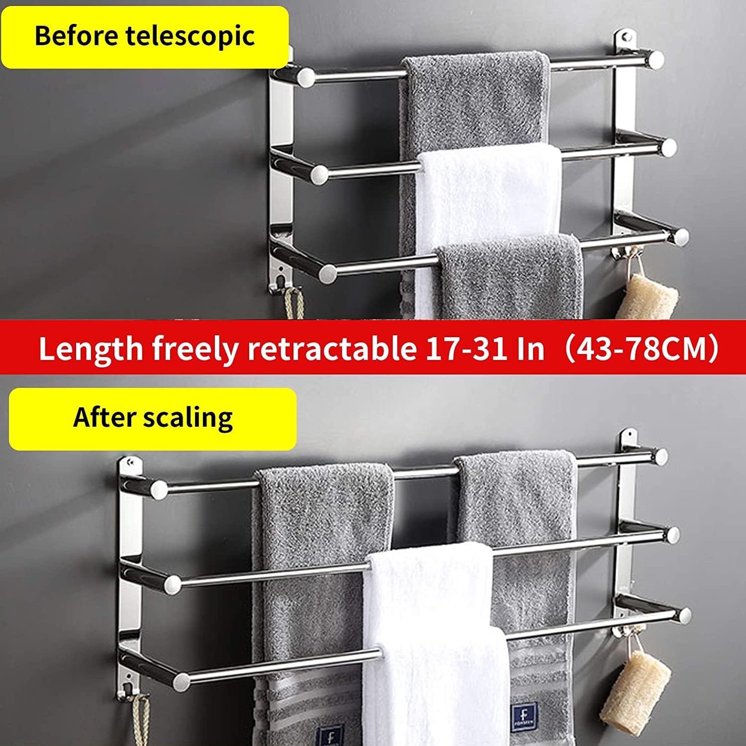 Porte-serviettes mural rétractable 3 niveaux, acier inox, argent, sans perçage