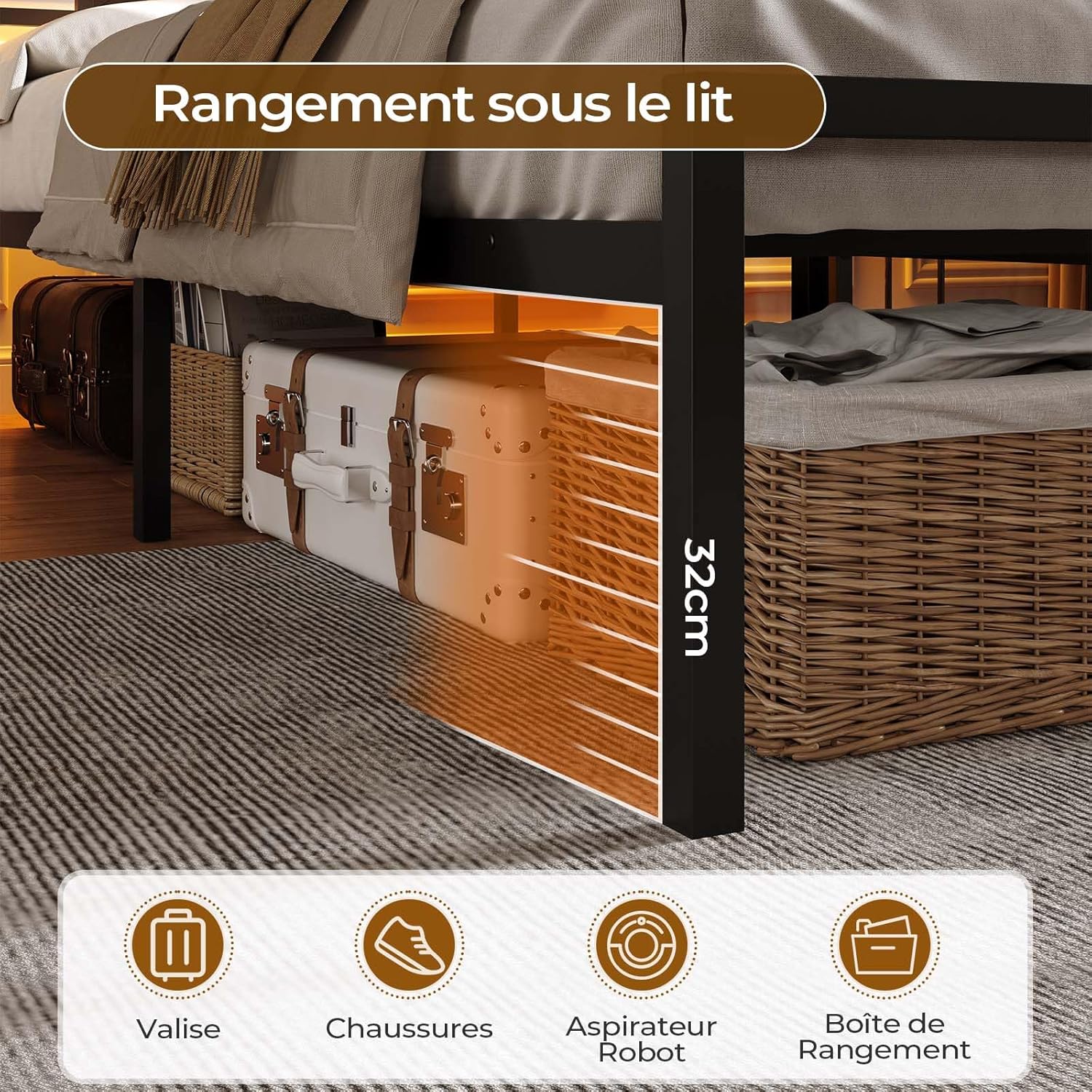 DICTAC – Lit double LED 160x200, métal, ports USB, rangement, LitLED160x200
