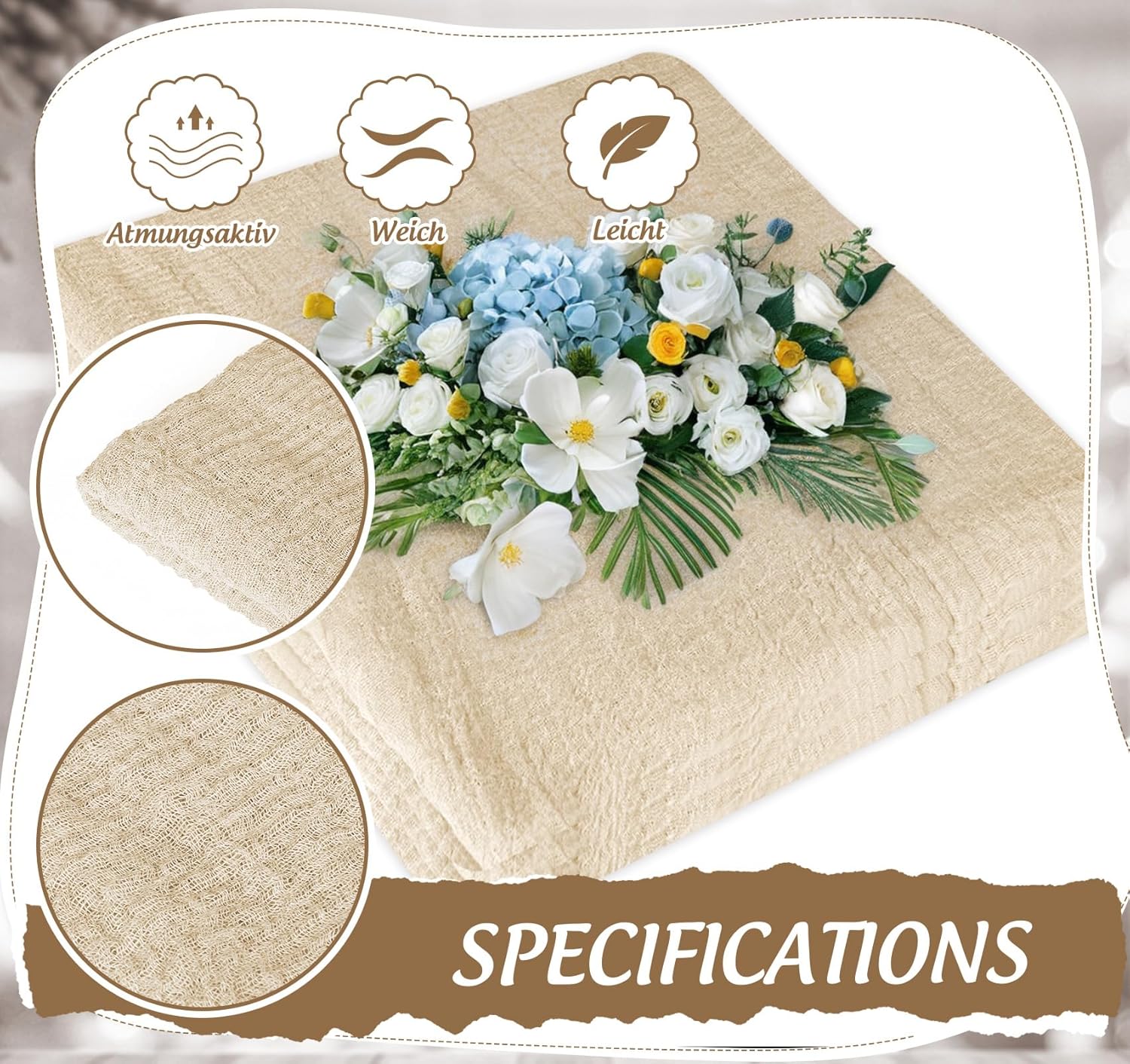 Chemin de table étamine beige – 80x300 cm – gaze transparente bohème