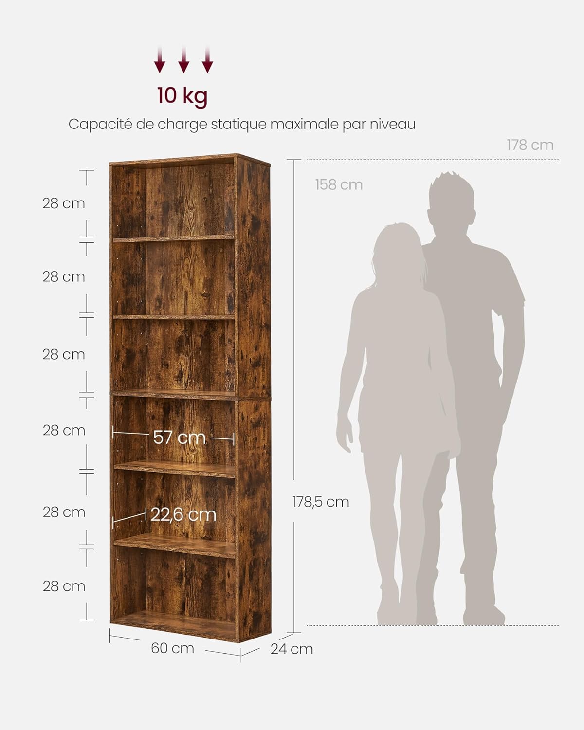 VASAGLE - bibliothèque rangement 6 niveaux - 24x60x178.5 cm - marron rustique LBC169K01
