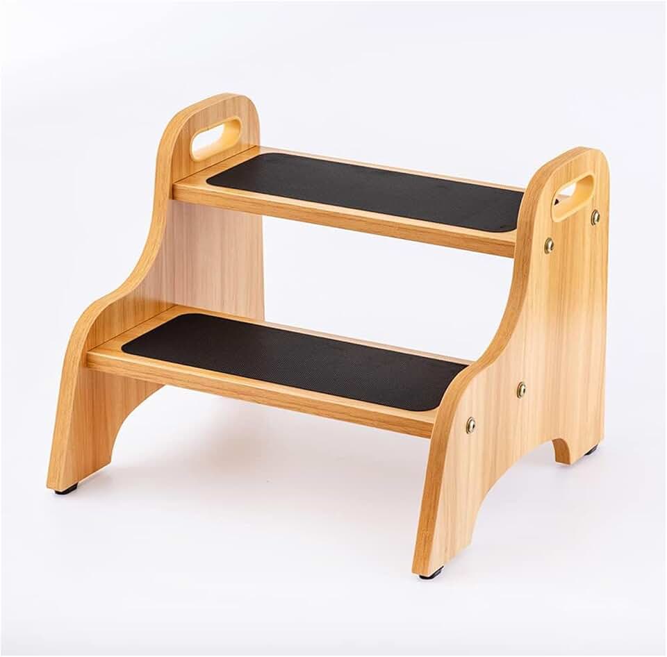 StrongTek - Tabouret 2 marches bois, poignée, 160kg, antidérapant, naturel