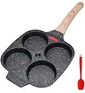Poêle à frire divisée antiadhésive à quatre sections circulaires et manche à motif en bois. Comprend une petite spatule en silicone rouge. La poêle est dotée d'un revêtement texturé semblable à de la pierre.