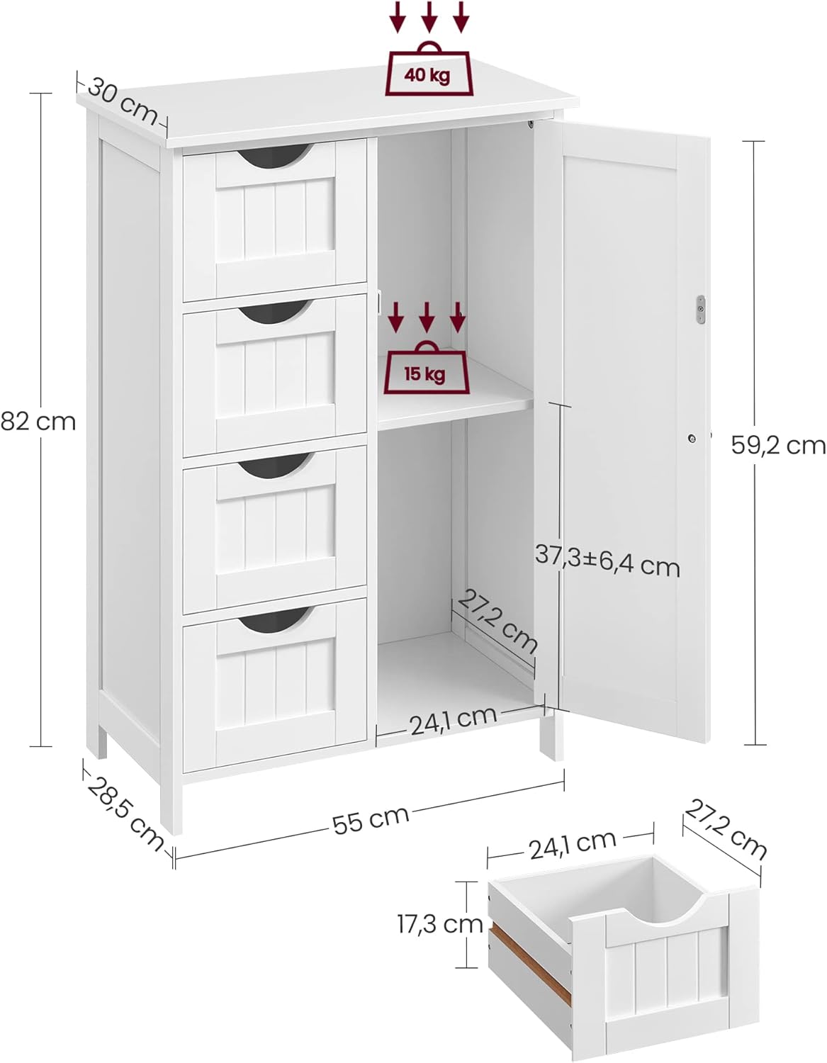 VASAGLE - meuble salle de bain à tiroirs, 30x55x82cm, blanc, LHC41W