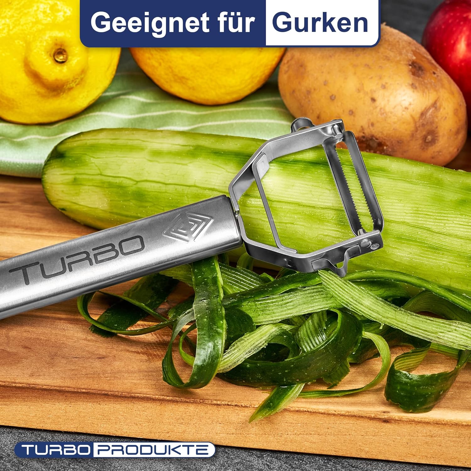 Turbo Produkte - Éplucheur inox 3en1 - ambidextre, lame pendulaire