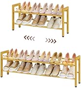 Schémas d'étagères à chaussures en bois montrant un design extensible avec des flèches indiquant le mouvement. Vues multiples de configurations à un ou deux niveaux.