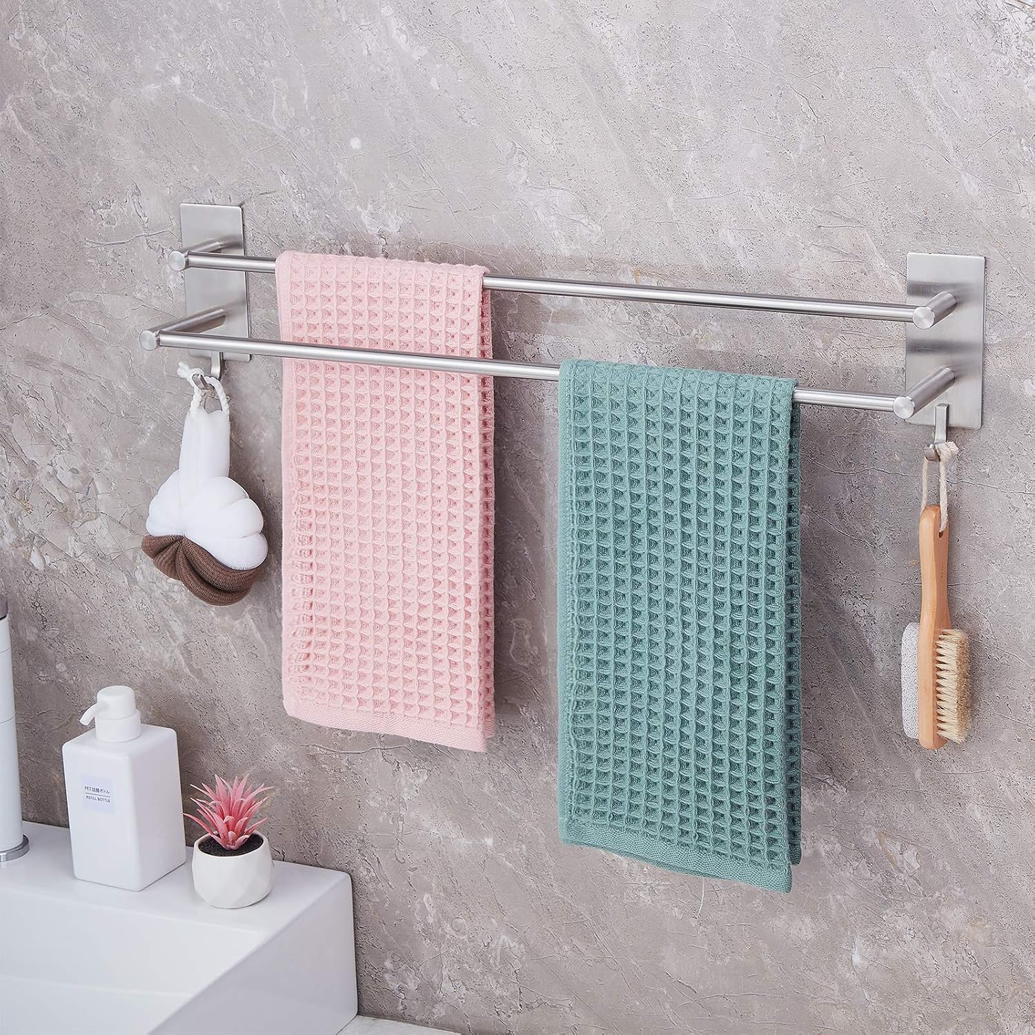 JS - porte-serviettes double, inox 60cm, auto-adhésif, étanche