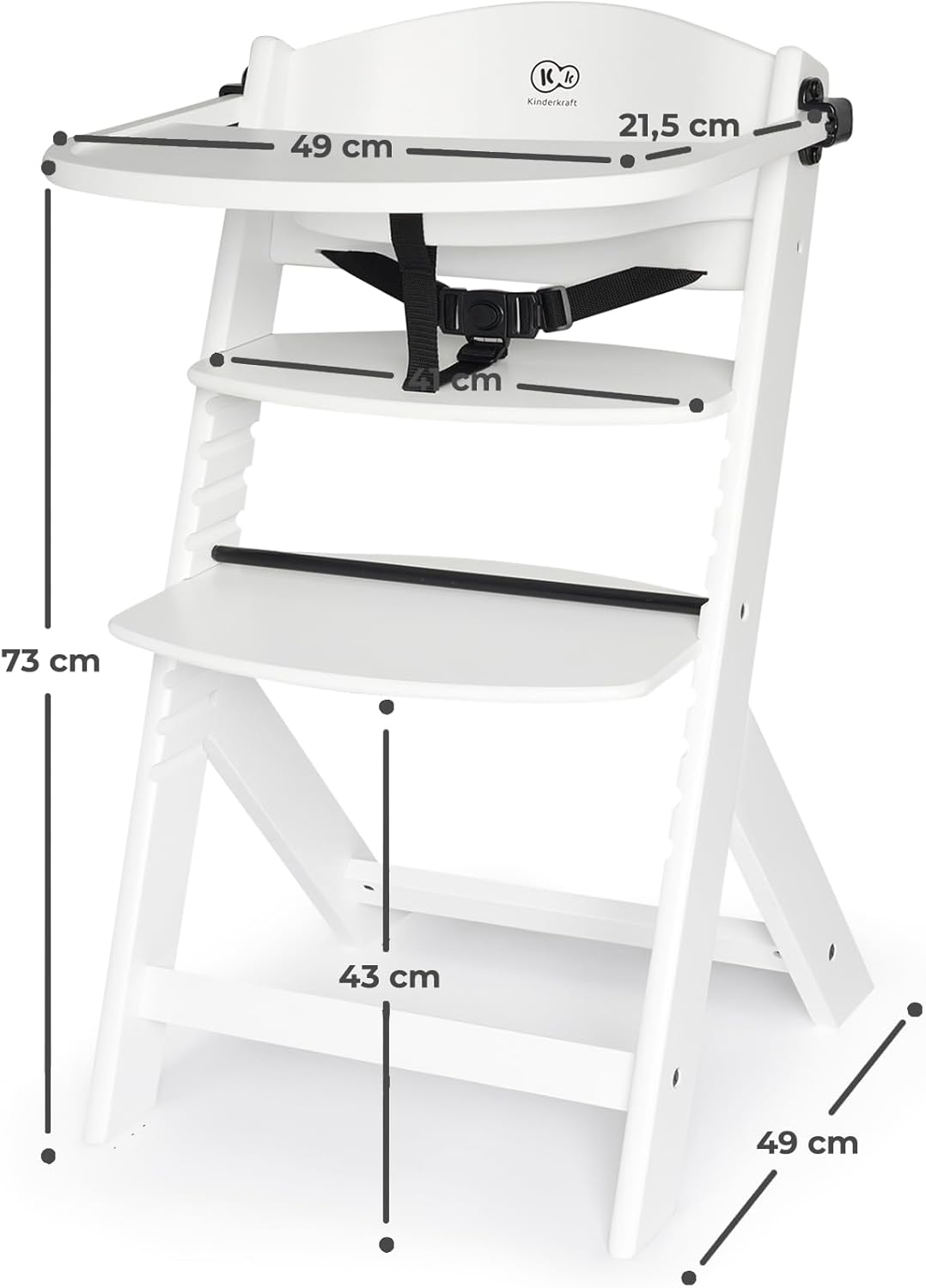 Kinderkraft - chaise haute ENOCK - bois naturel, évolutive, réglable, plateau, très solide, tout blanc