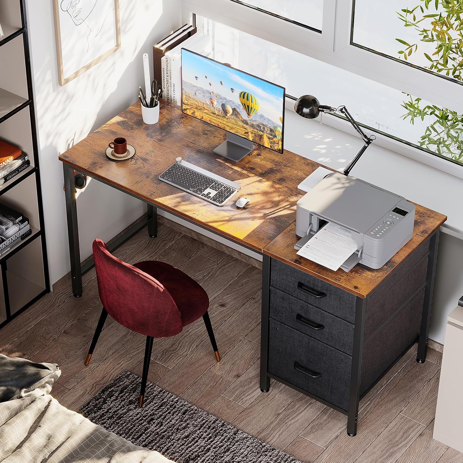 Coleshome - Bureau 3 tiroirs tissu - 120x48cm - réversible, porte-casque