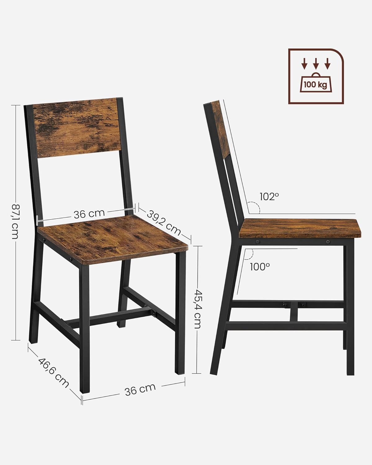 VASAGLE - chaises industrielles, lot de 4 acier, marron/noir, LDC093K02