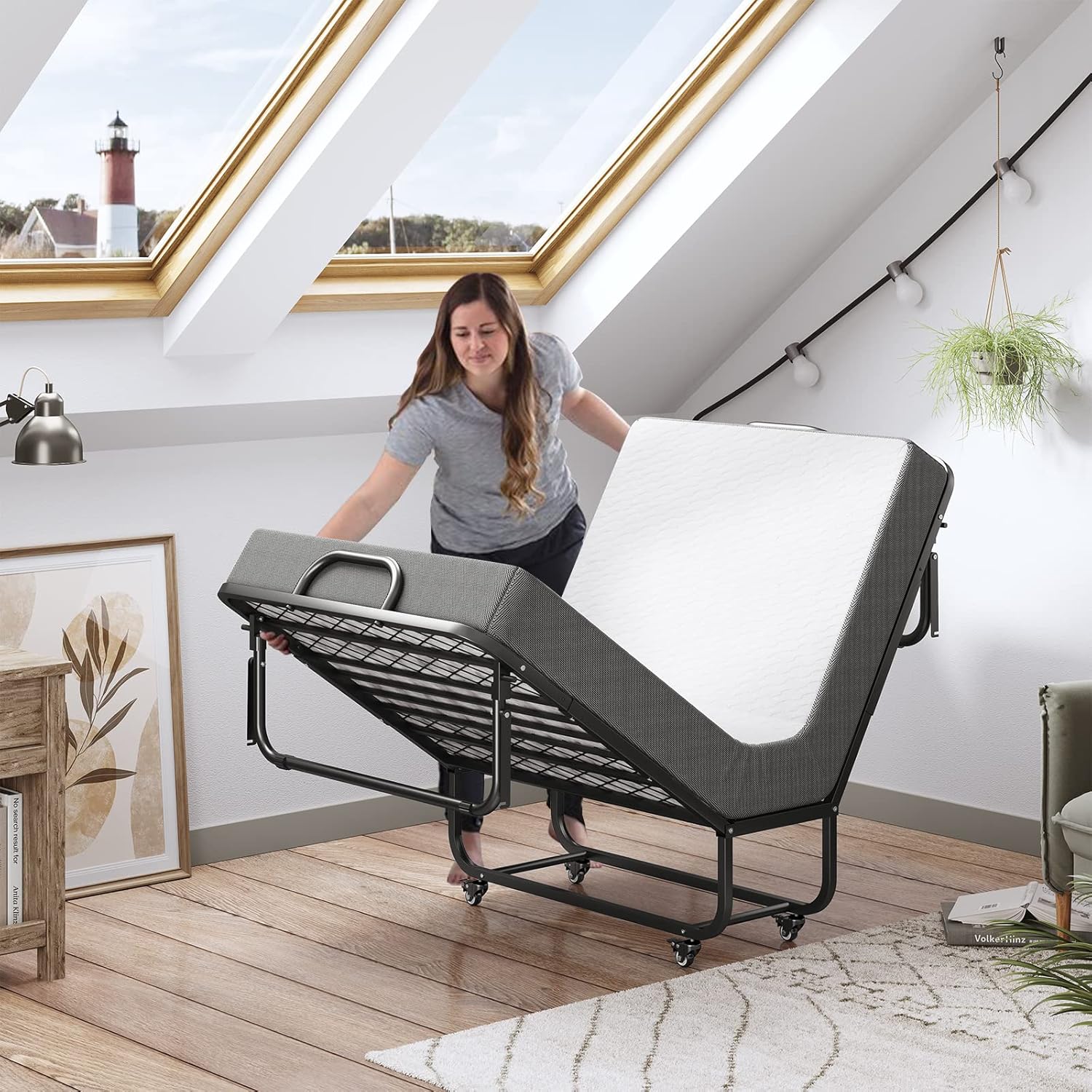 DICTAC - lit pliant 90x200 cm, matelas mémoire de forme, avec roulettes