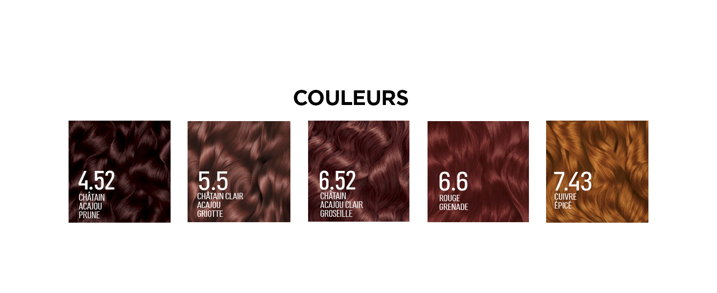 Le texte indique « COULEURS » avec cinq échantillons de couleur de cheveux montrant différentes nuances de brun étiquetés « 4,52 », « 3,5 », « 6,52 », « 6,8 » et « 7,43 ».
