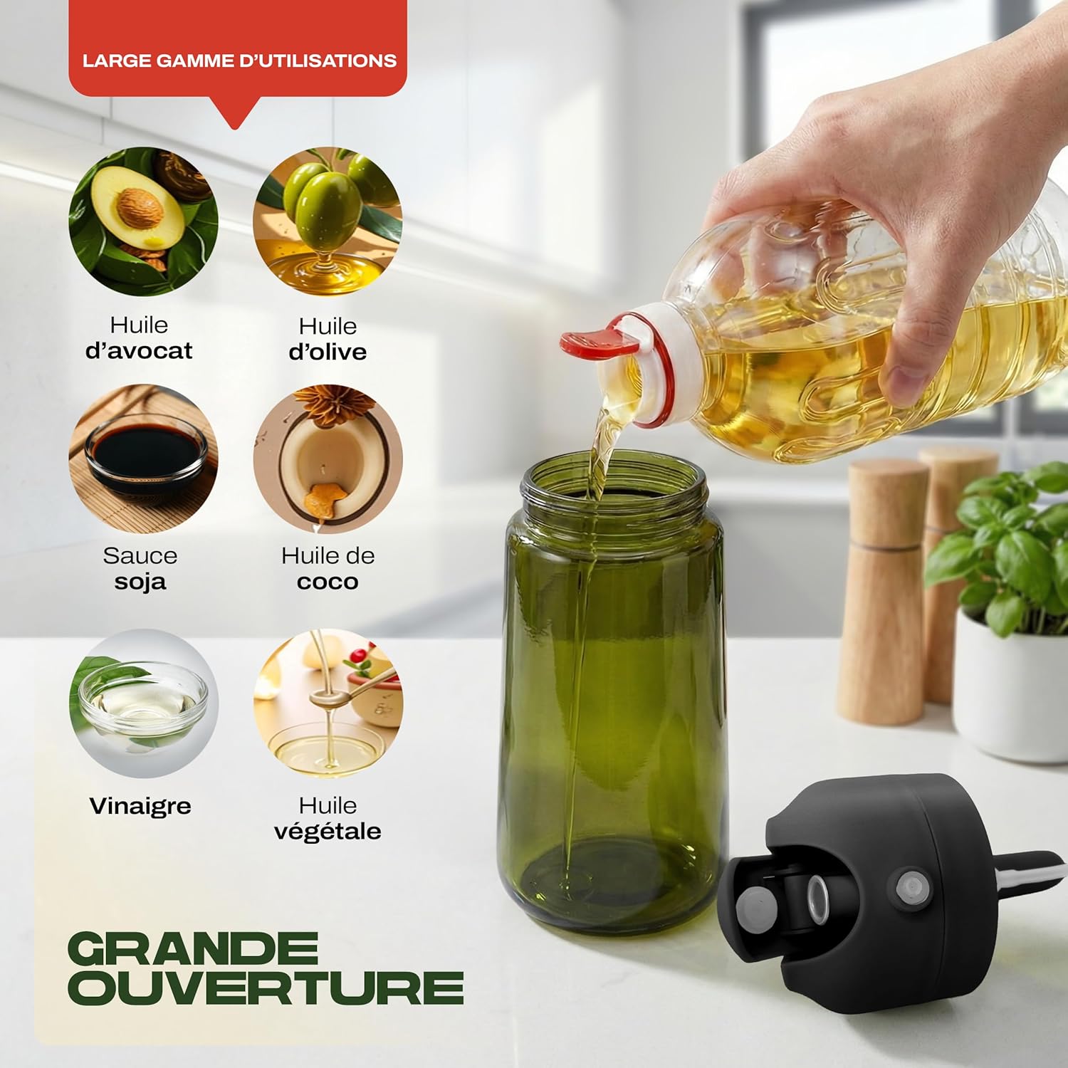 PORTENTUM - spray huile cuisine 2 en 1 470ml - verre vert, spray et verseur