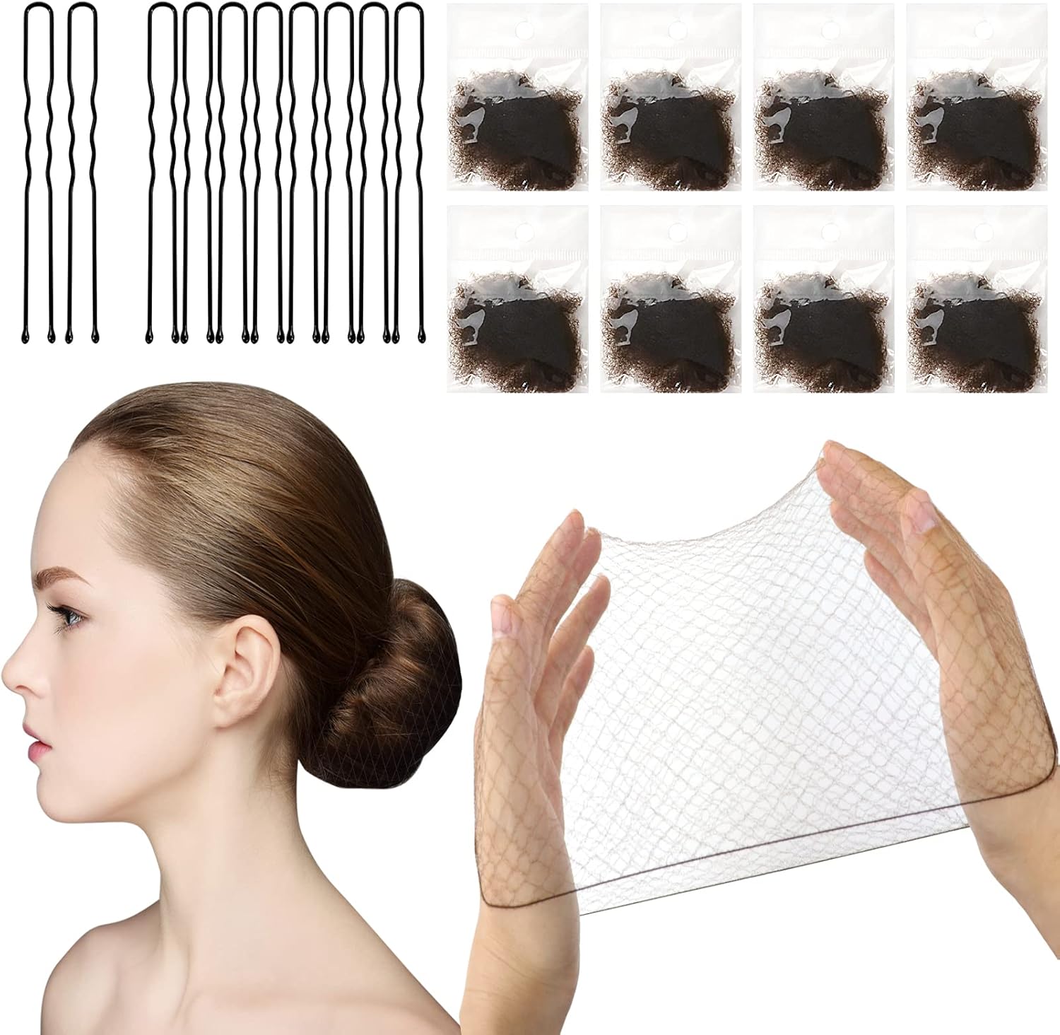 Filets à cheveux - élastiques invisibles, 24 pièces, 10 pinces U, marron, maille ballet