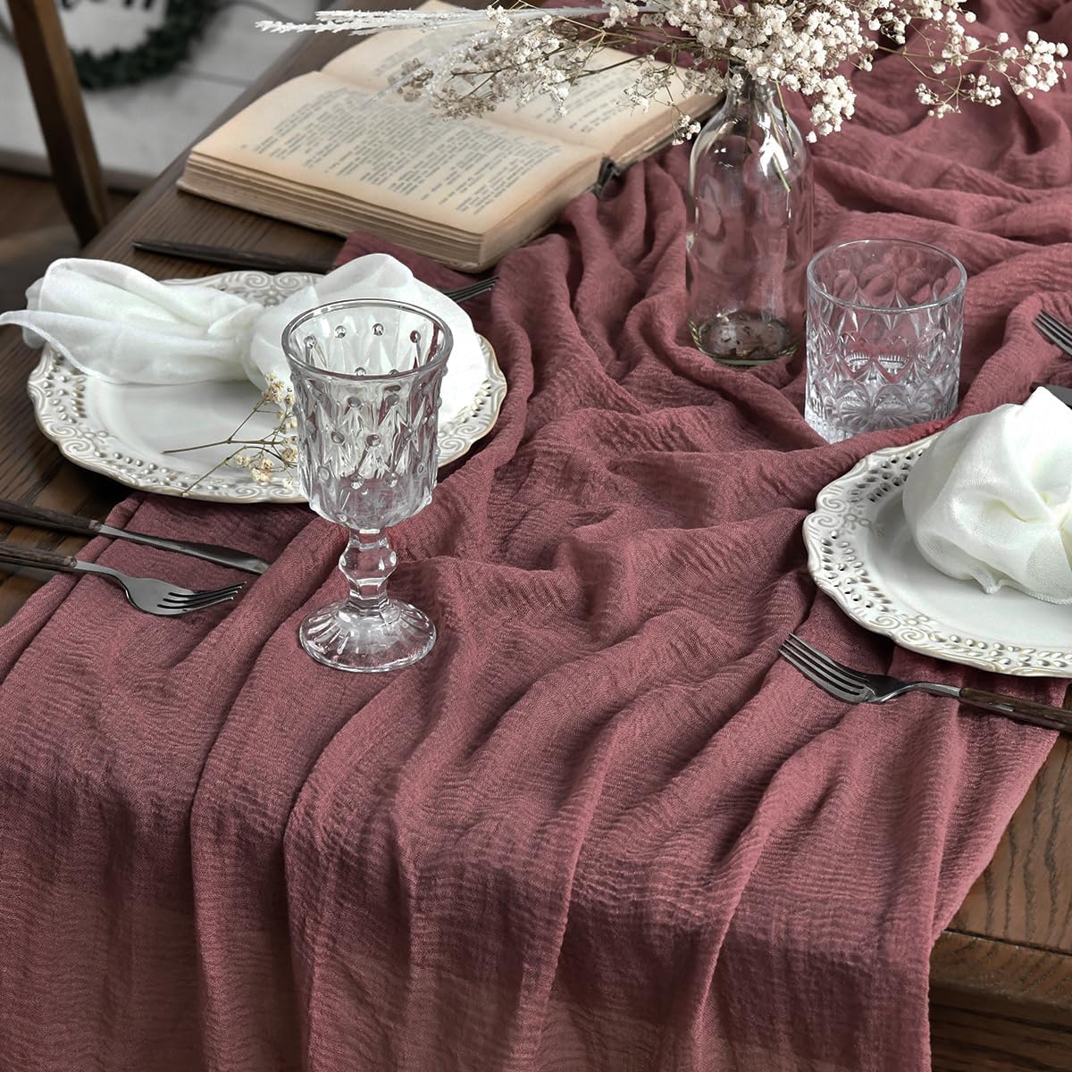 Artoid Mode - Chemin de table Bohême - 300 cm - Gaze mousseline, rouge vin, déco mariage/fête