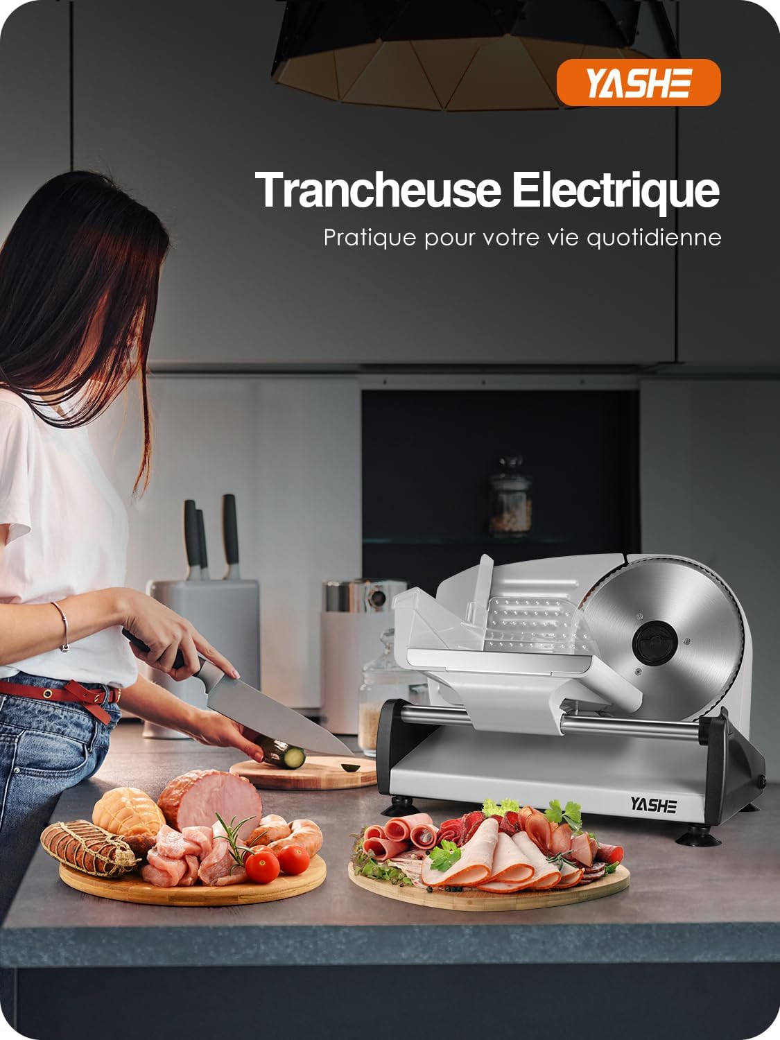 YASHE - trancheuse électrique 250W, lames 19cm, épaisseur réglable