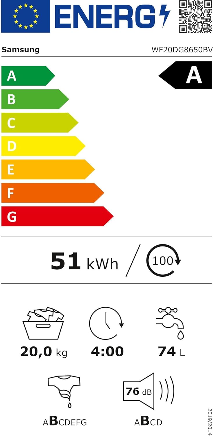 SAMSUNG - lave-linge frontal série 8000 - grande capacité, vapeur, 60x85x65 cm - WF20DG8650BV