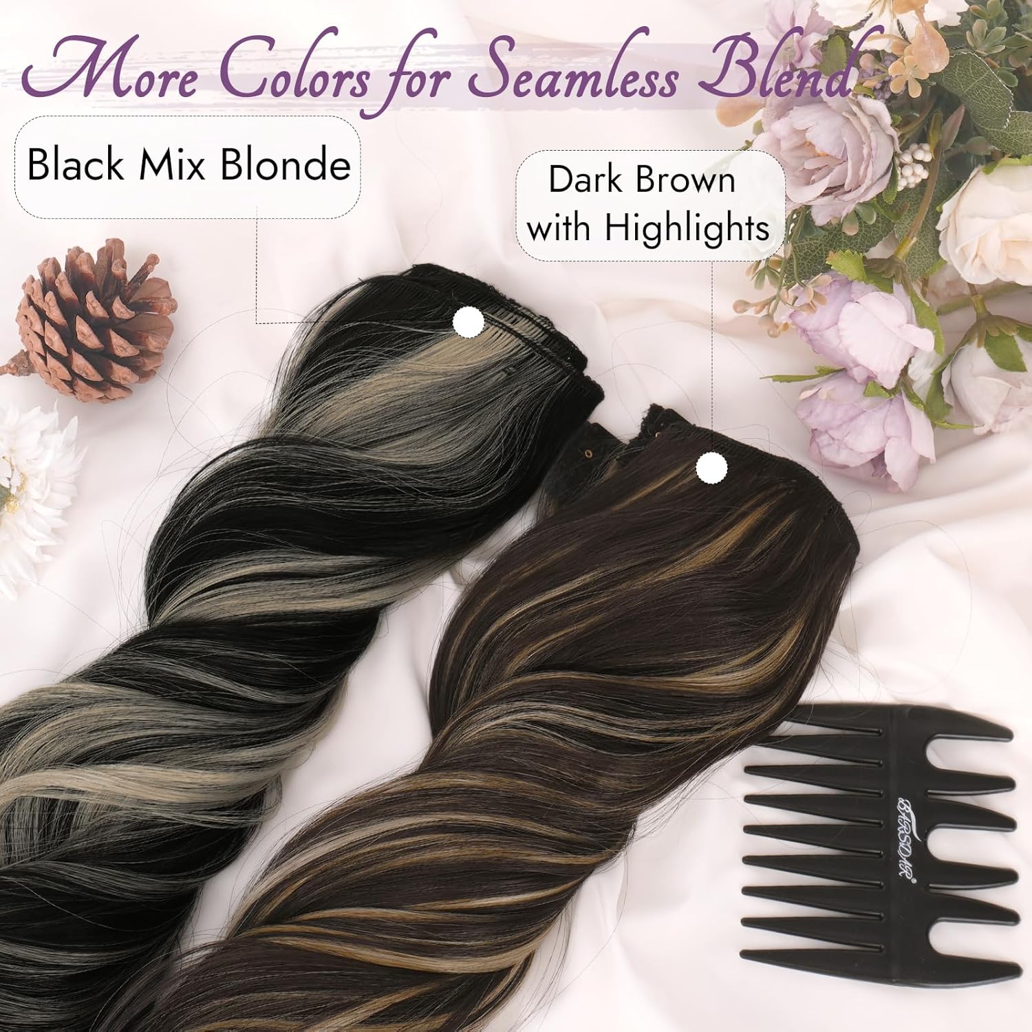BARSDAR - Extensions cheveux synthétiques 50cm, ondulées, marron foncé blond, 5 pièces