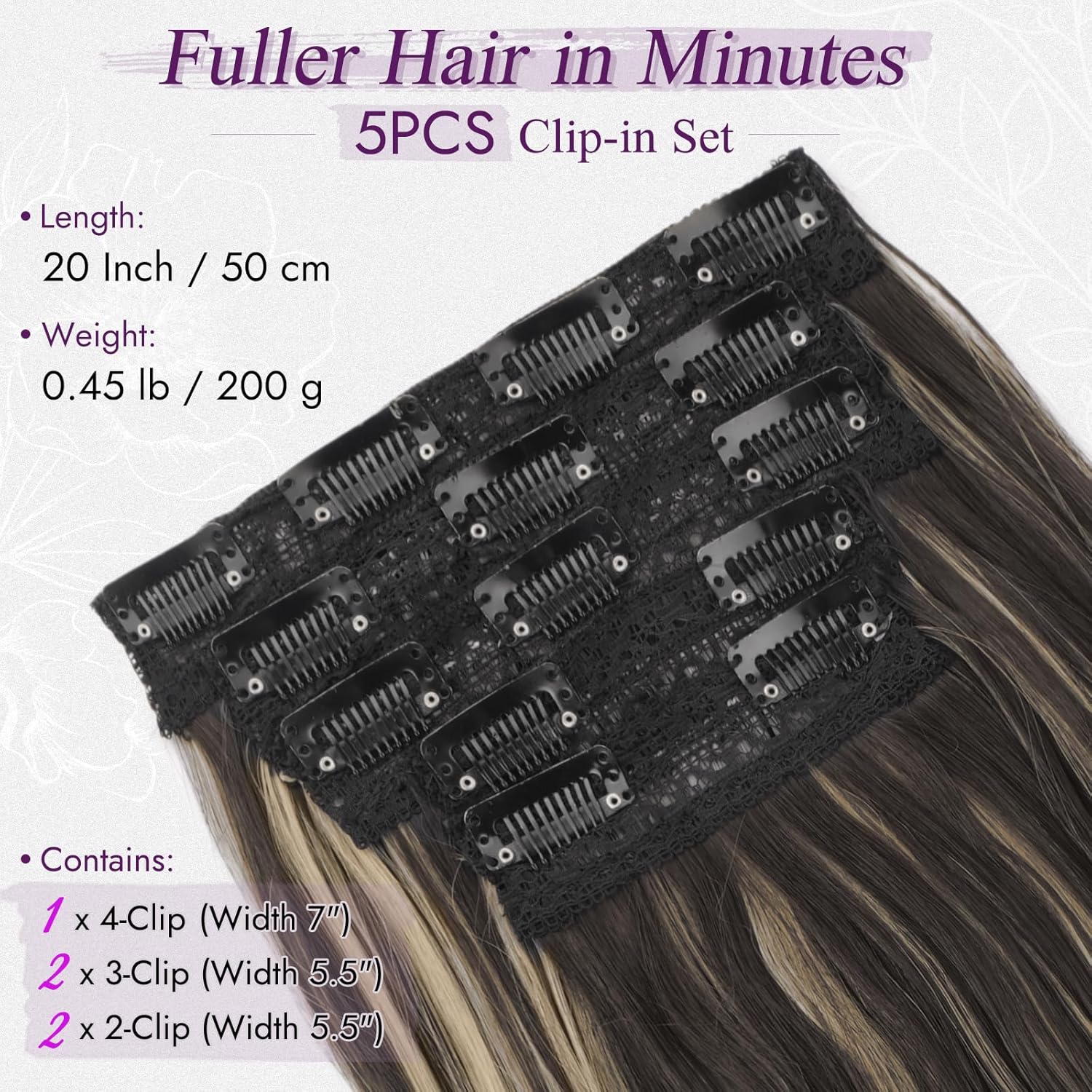 BARSDAR - Extensions cheveux synthétiques 50cm, ondulées, marron foncé blond, 5 pièces