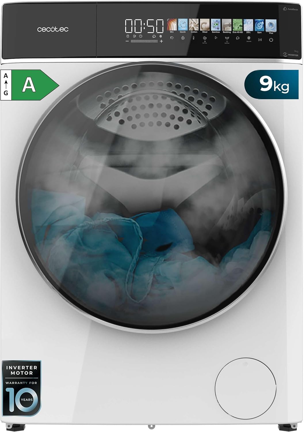 Cecotec - Bolero DressCode 9900 - 9kg, 1400rpm, 16 programmes, écran couleur, moteur inverter, SteamMax, A