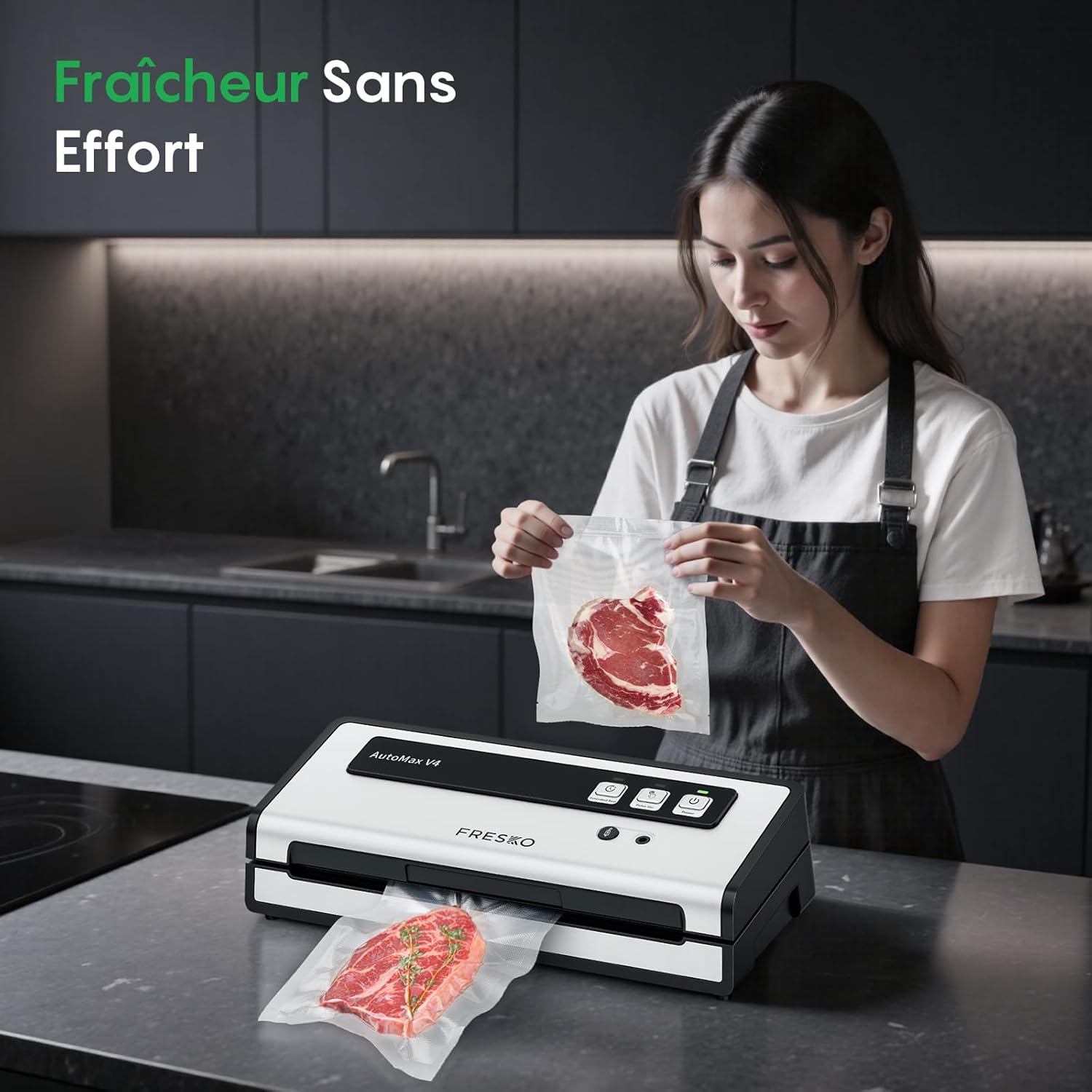 FRESKO - machine sous vide 140W, double scellage, sec/humide, 10 sacs, 4 kits bocaux