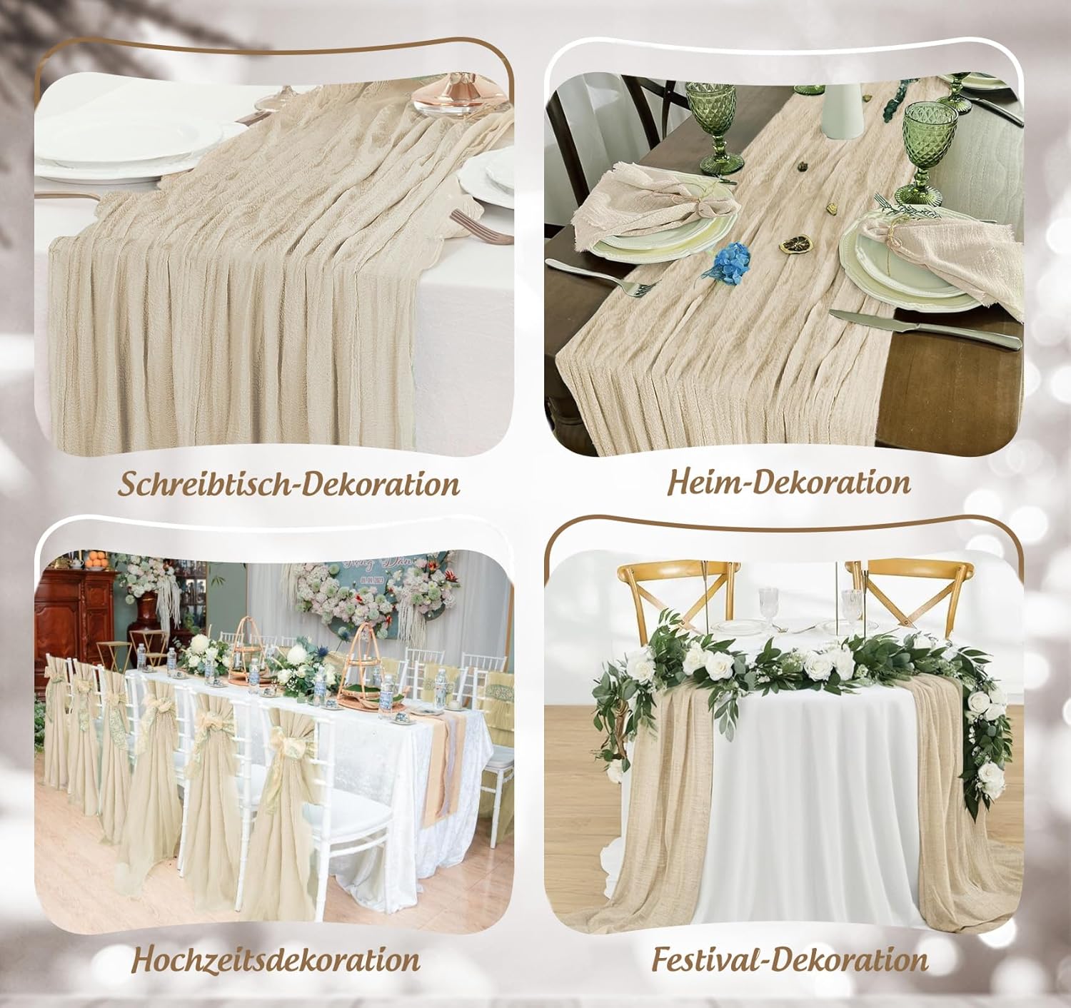 Chemin de table étamine beige – 80x300 cm – gaze transparente bohème