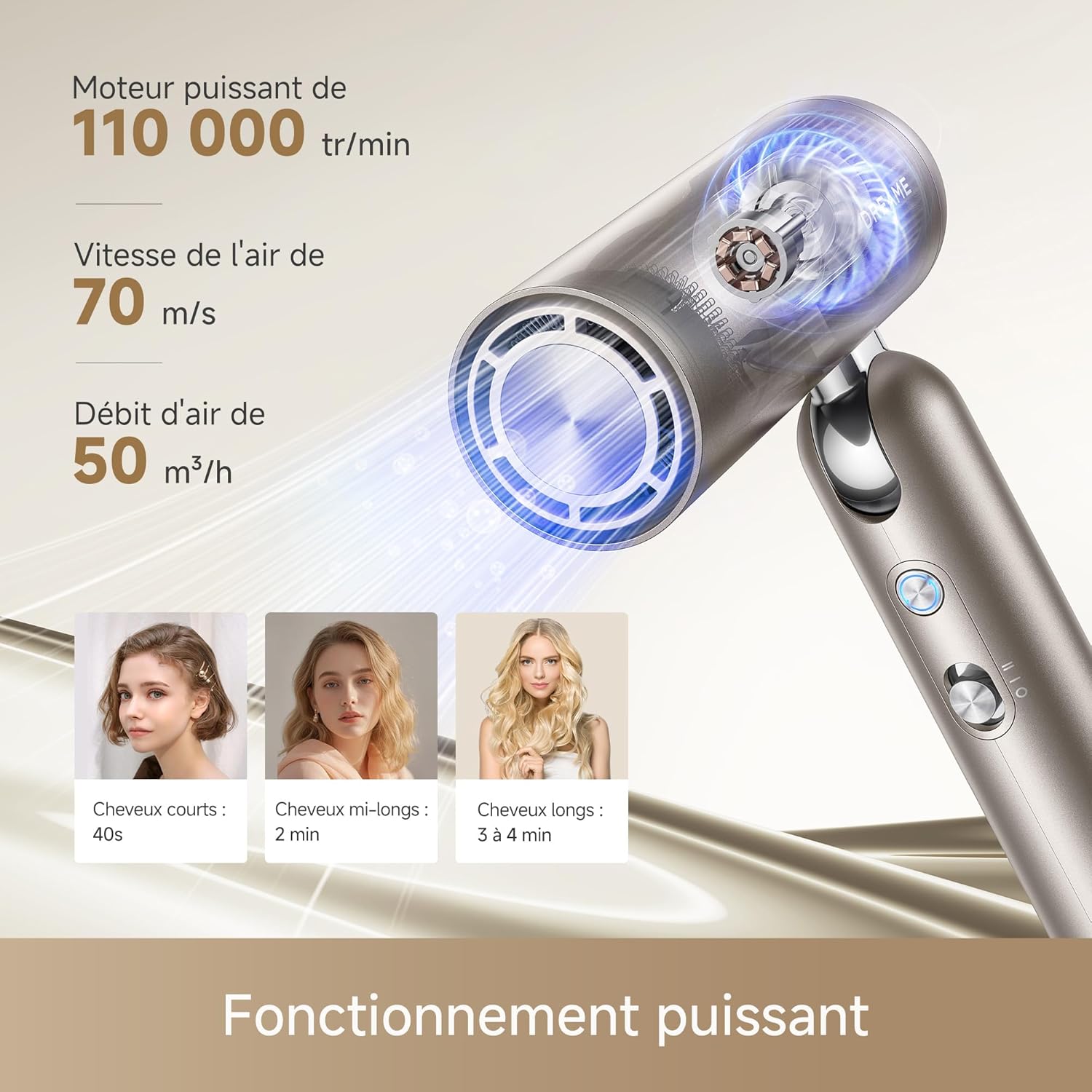 Dreame - Pocket Pro - 3 formes, 300g - 110 000 tr/min, ions négatifs, 57°C