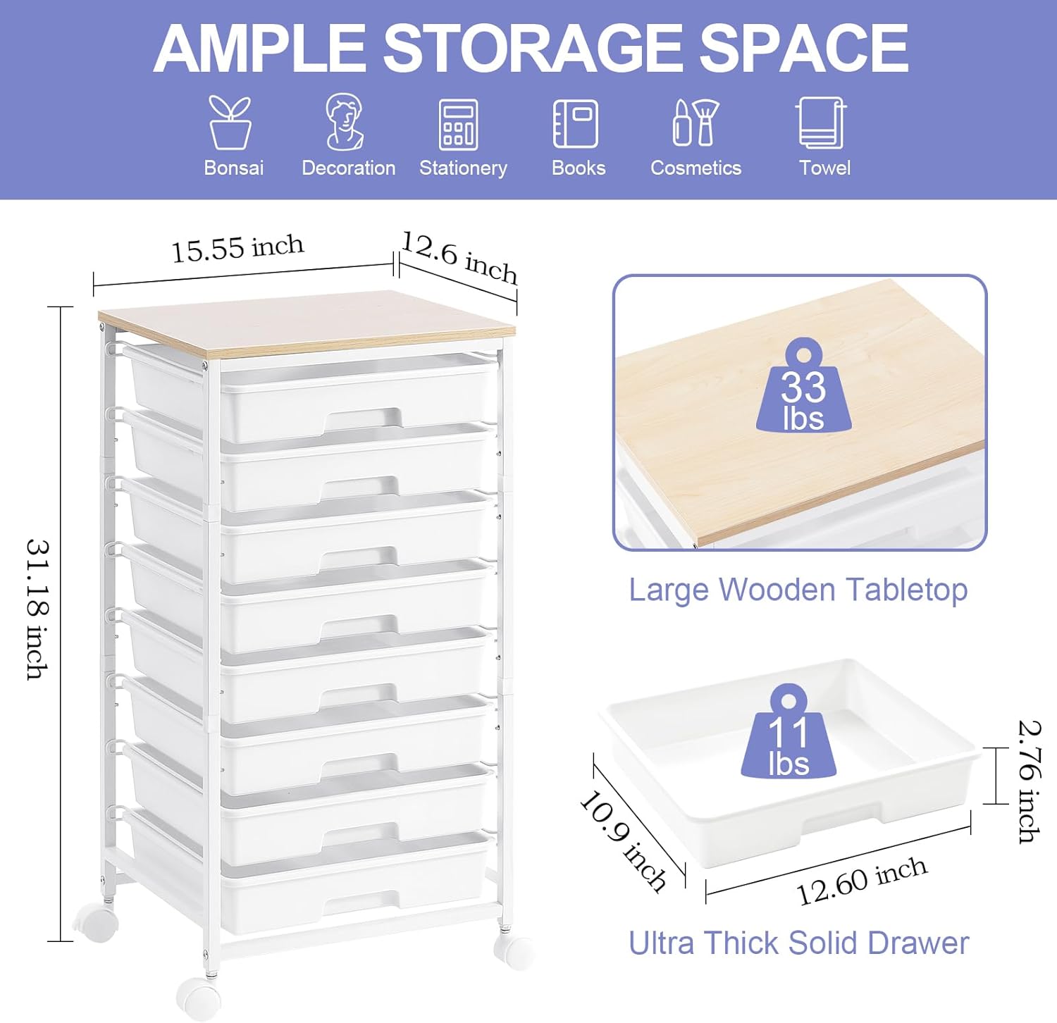 Chariot de salle de bain - 8 tiroirs, roulettes, grand plateau bois, blanc