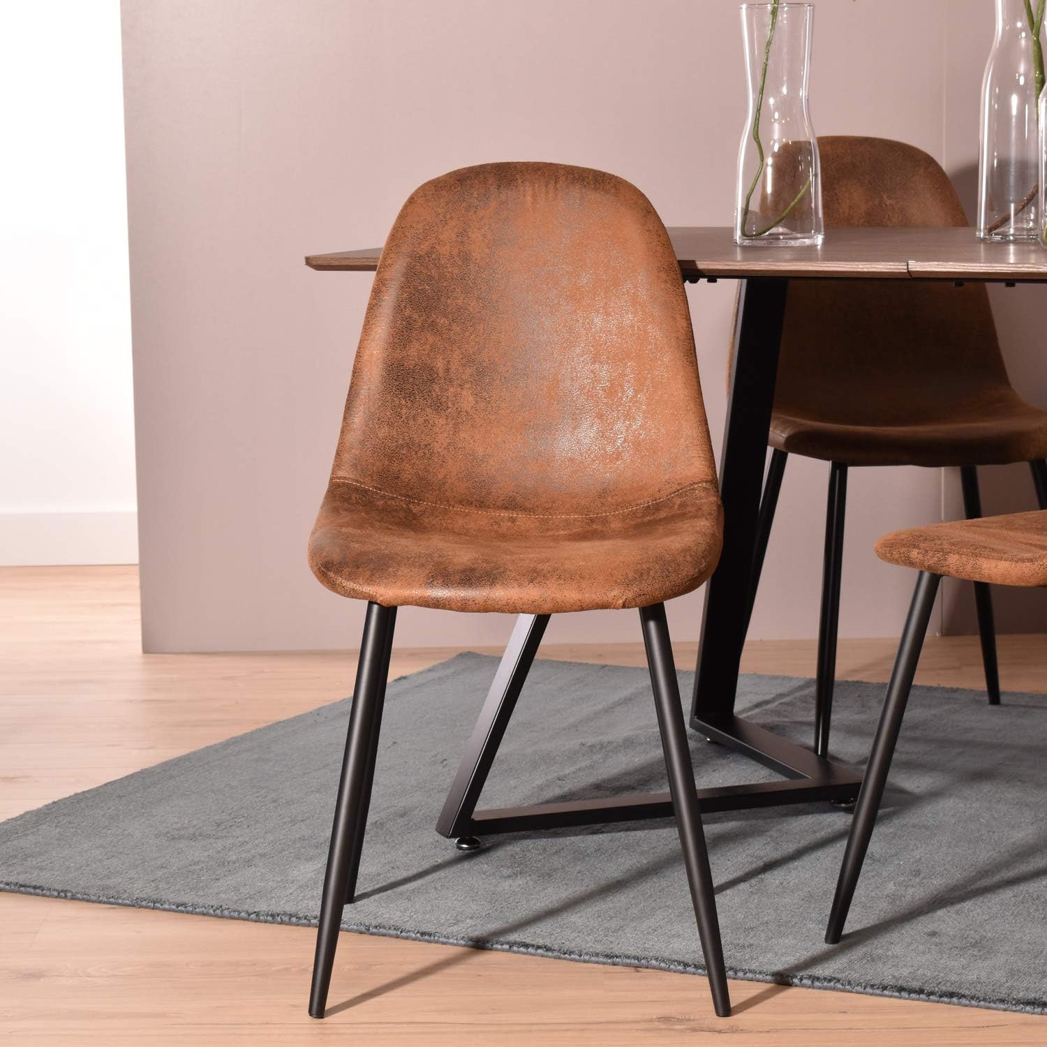 Chaises salle à manger - lot de 4, suédine marron, pieds métal noir, style rétro vintage