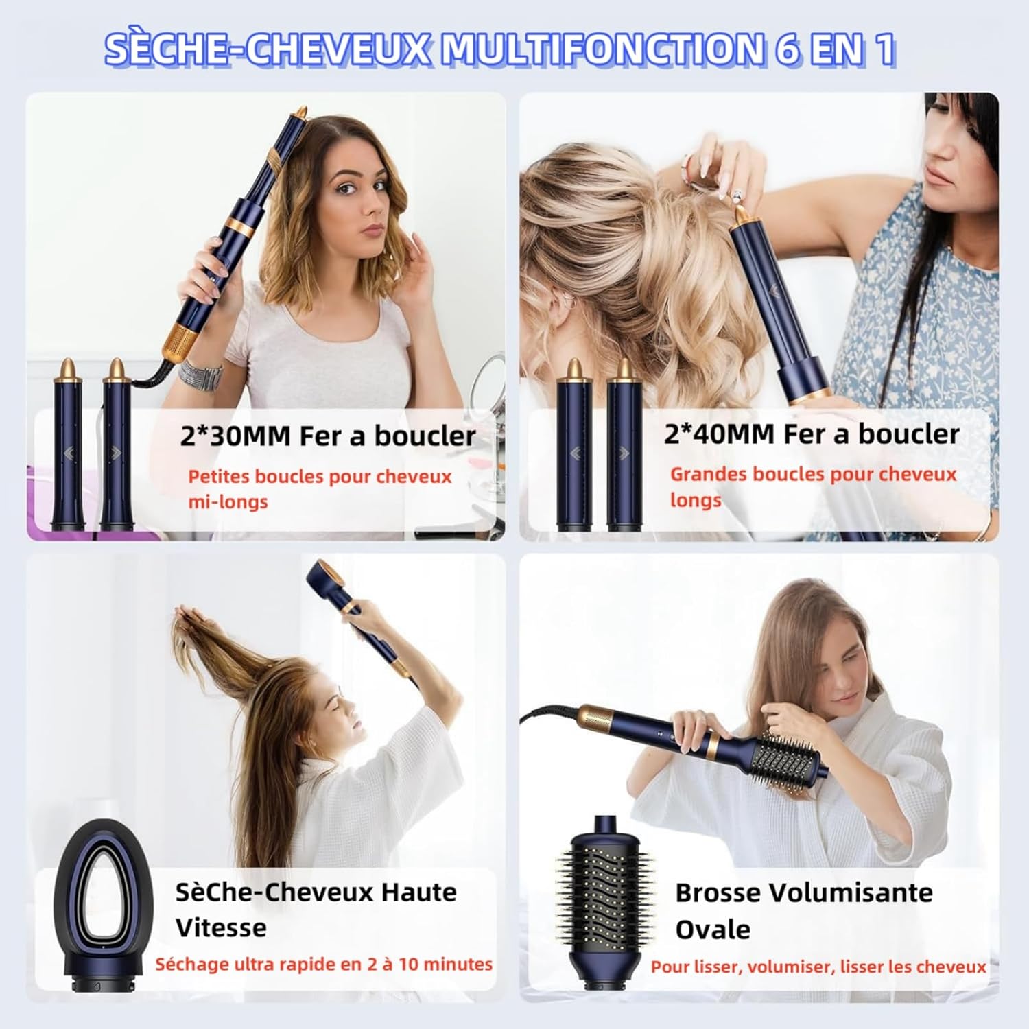 Brosse soufflante 6-en-1, ions, haute vitesse, séchage, bouclage