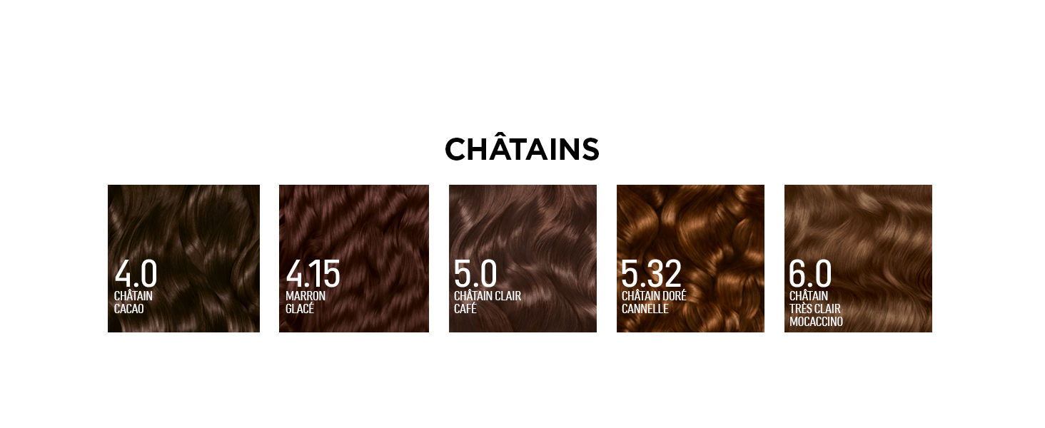Le texte indique « CHÂTAINS » avec cinq échantillons de couleur marron étiquetés avec des chiffres : 4.0, 5.0, 5.32, 6.0.