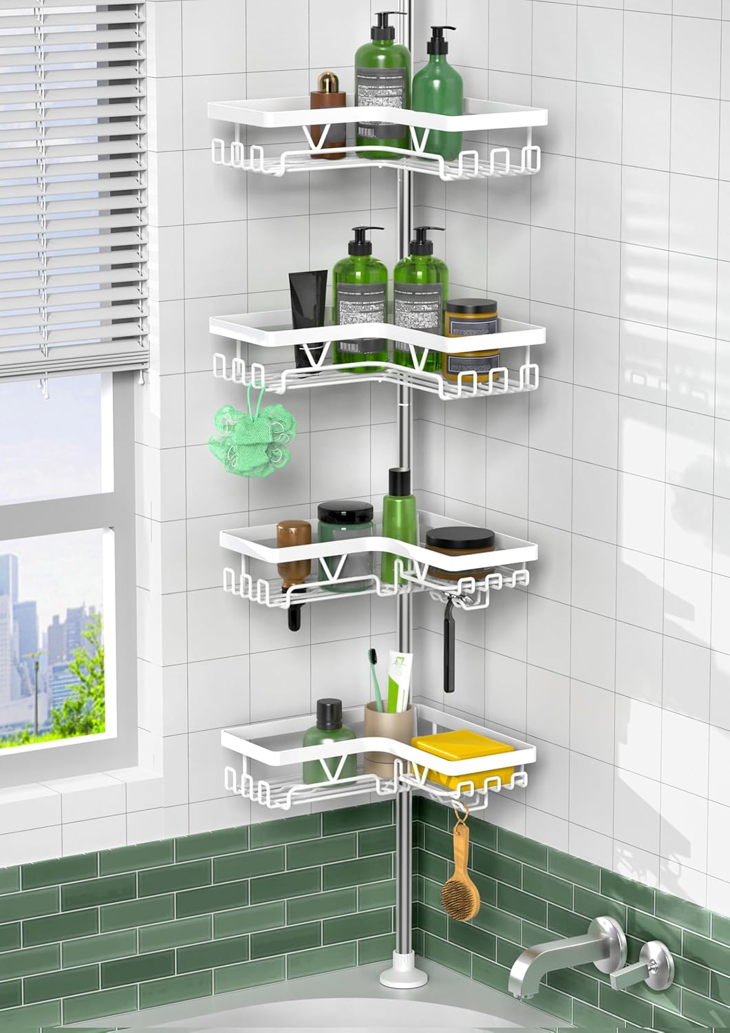 KEGII - étagère de douche 4 niveaux, largeur 63,5-290 cm, blanc brillant, télescopique, sans perçage, rangement avec pan