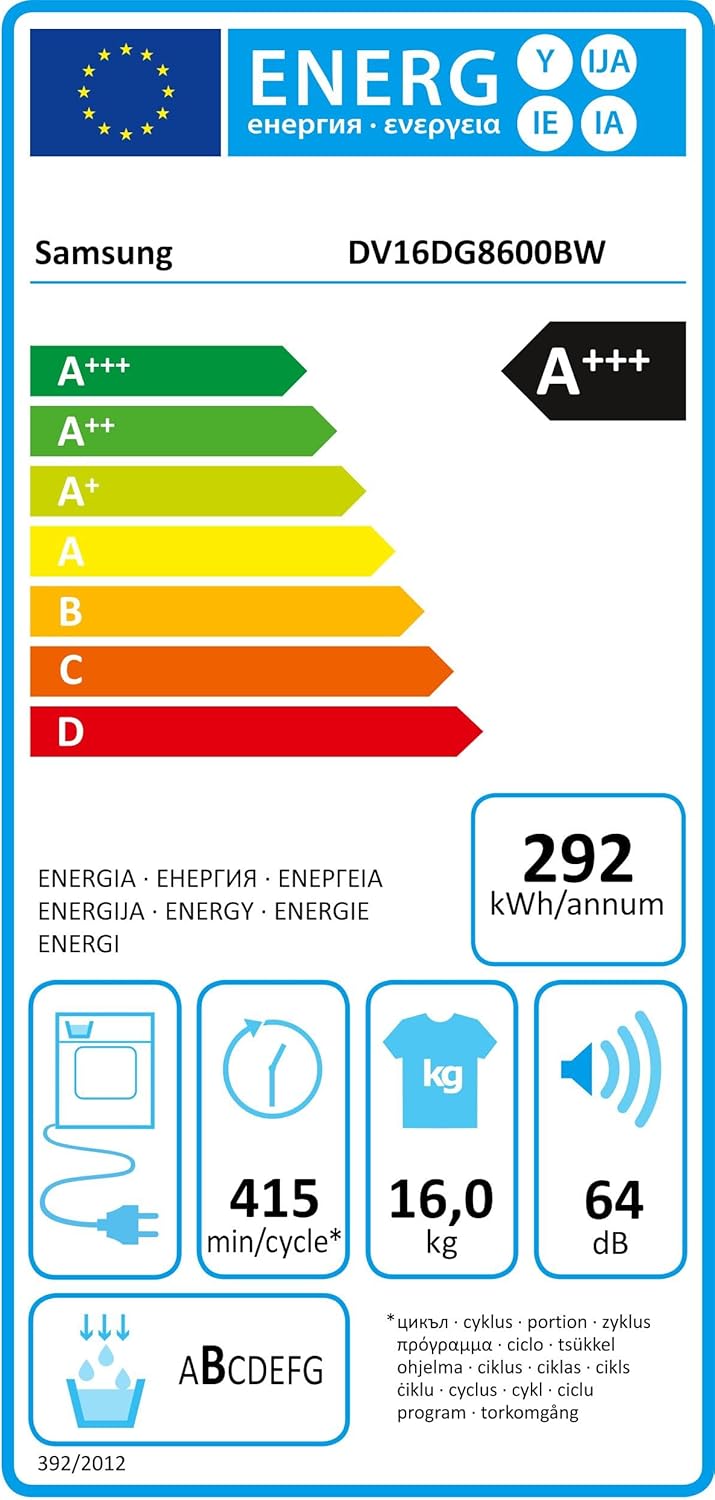 Samsung - Sèche-linge AI Dry, pompe chaleur, WiFi, 16kg, 68.6x98.4x84.4cm - DV16DG8600BW/U3