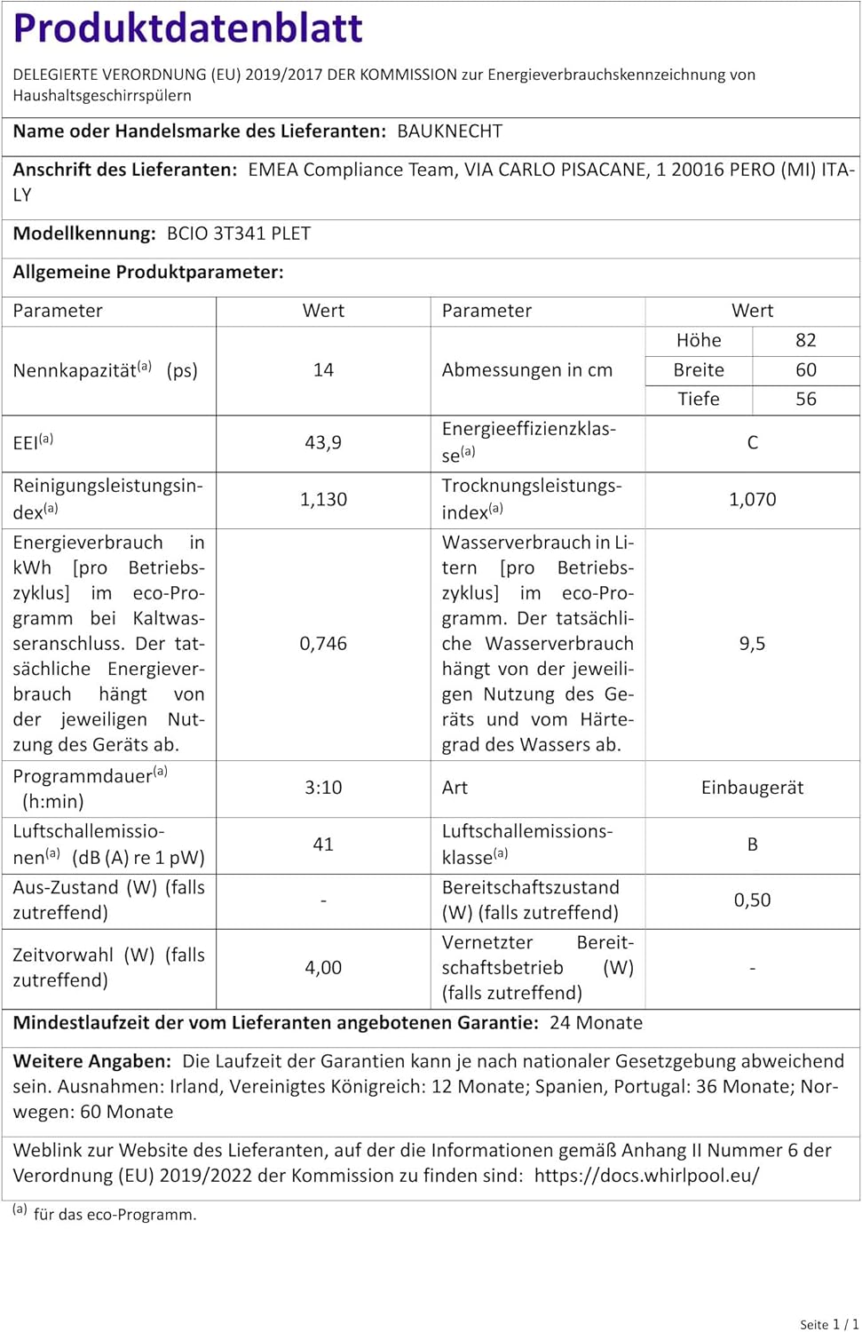 Bauknecht -  intégrable 60cm, 14 couverts, PowerClean