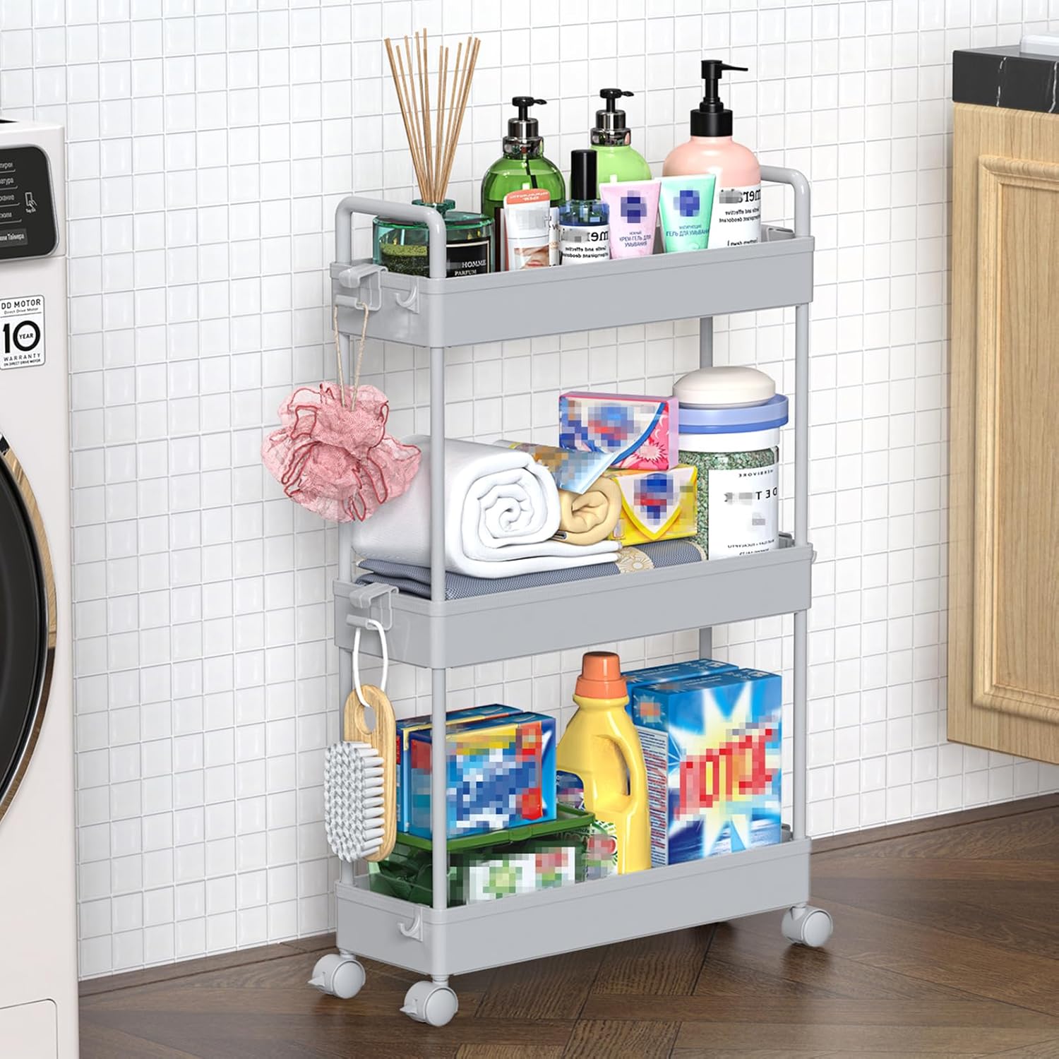 SOLEJAZZ - chariot 3 niveaux mobile gris - rangement compact cuisine, salle de bain