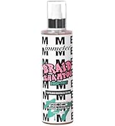 avec texte blanc et noir. Graphismes à éclaboussures roses et bleu sarcelle. Buse de pulvérisation en plastique transparent sur le dessus. Produit pour le soin des cheveux.
