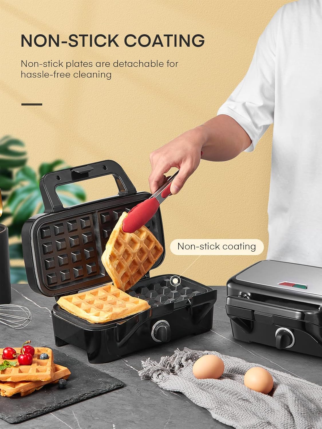 FOHERE - Gaufrier 3 en 1 - 1200W - 5 vitesses, plaques amovibles, surface antiadhésive