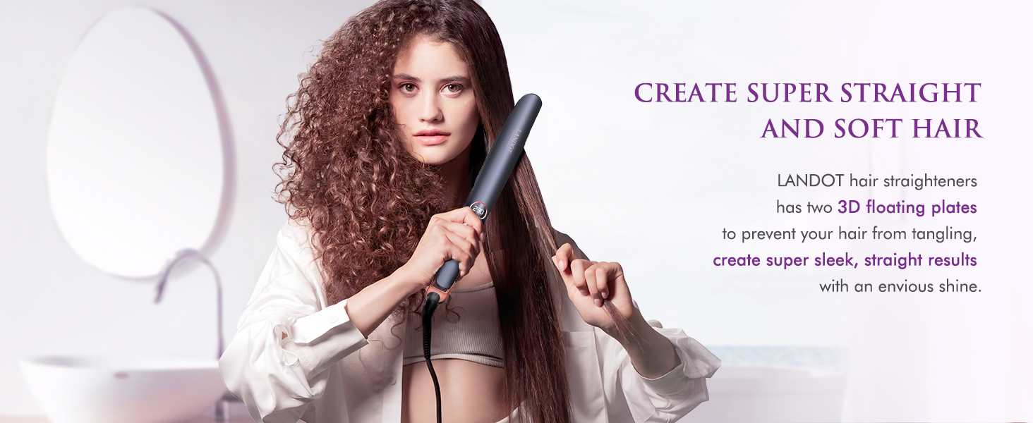 Publicité sur un fer à lisser montrant une personne aux cheveux bouclés utilisant un fer plat. Le texte favorise la création de cheveux super lisses et doux.