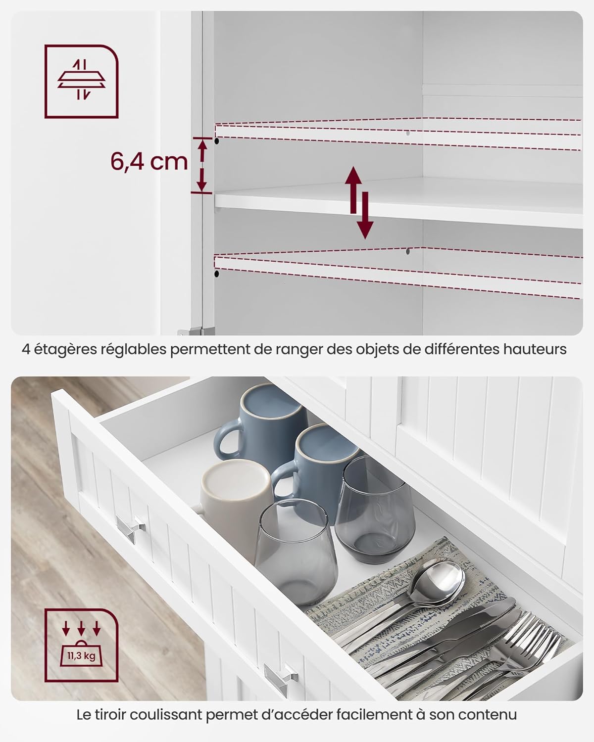 VASAGLE - Buffet haut série BBC561W21 - 182 cm - armoire à tiroirs, étagères réglables, blanc - BBC561W21