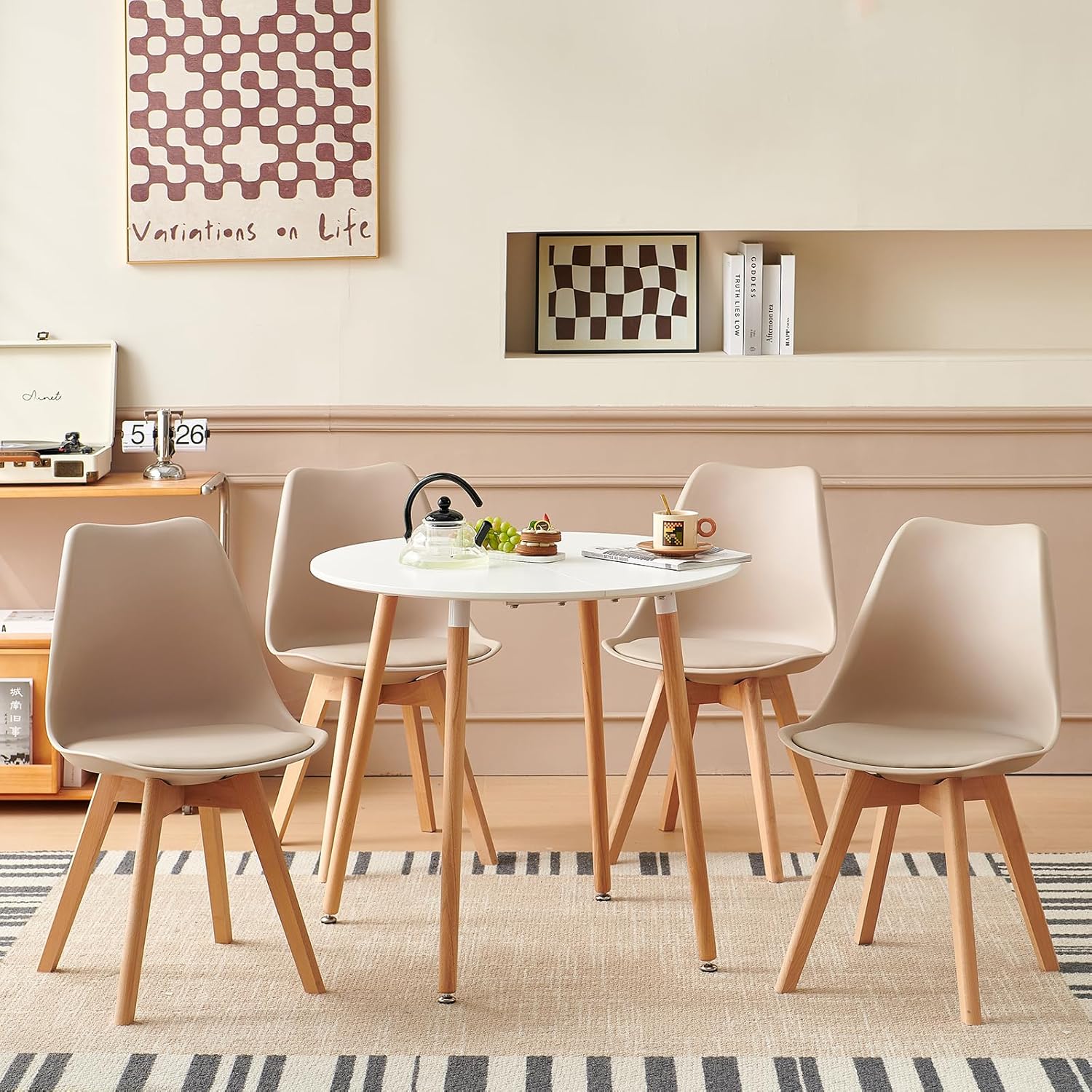 EGGREE - lot de 8 chaises scandinaves - bois hêtre - assise rembourrée, kaki clair