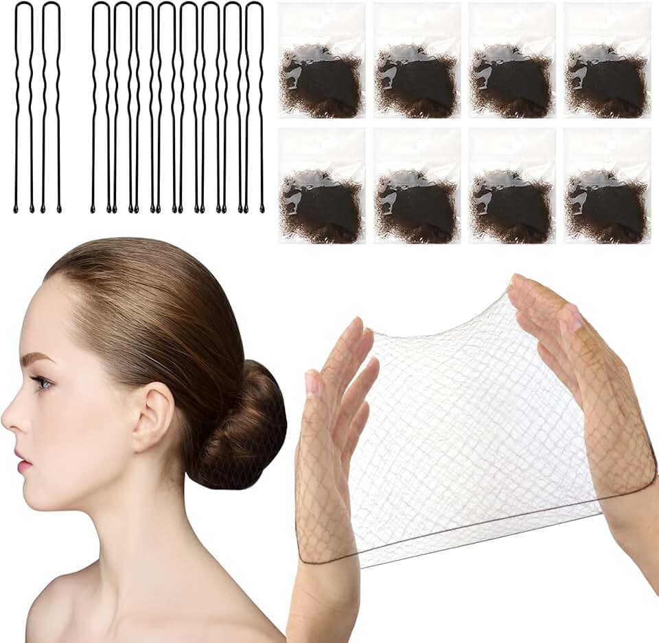 Filets à cheveux - élastiques invisibles, 24 pièces, 10 pinces U, marron, maille ballet